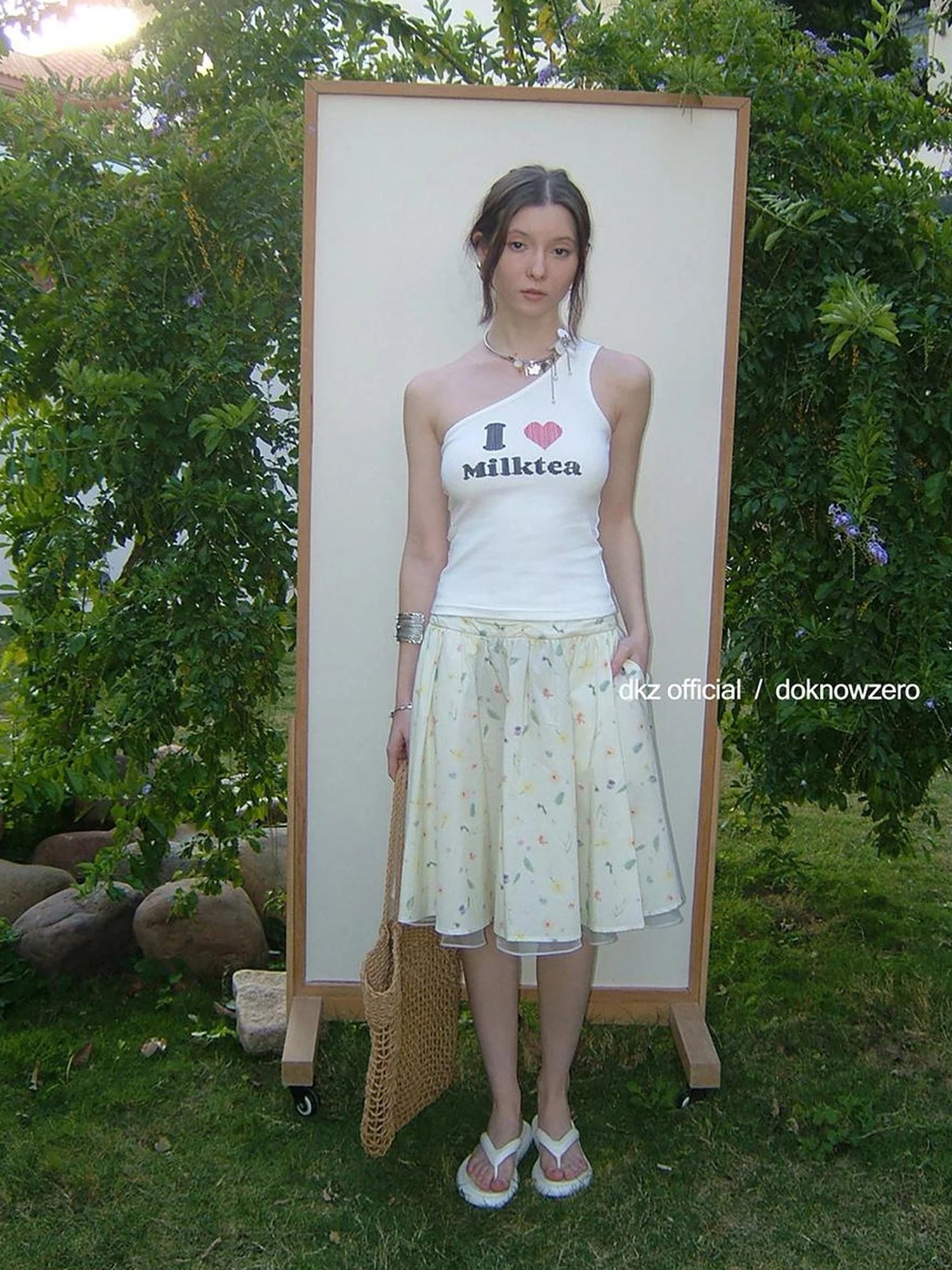 DKZ OFFICIAL Floral Print Midi Skirt In Apricot