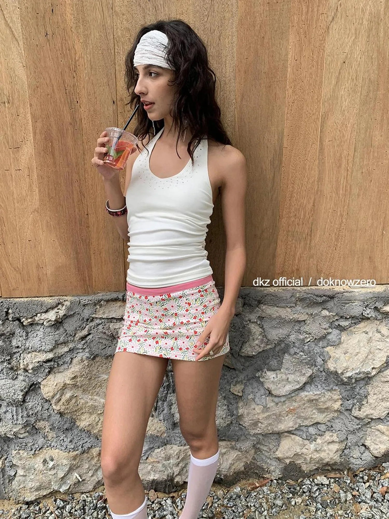 DKZ OFFICIAL Floral Print Pink Knit Straight Skirt Summer Sweet Spicy