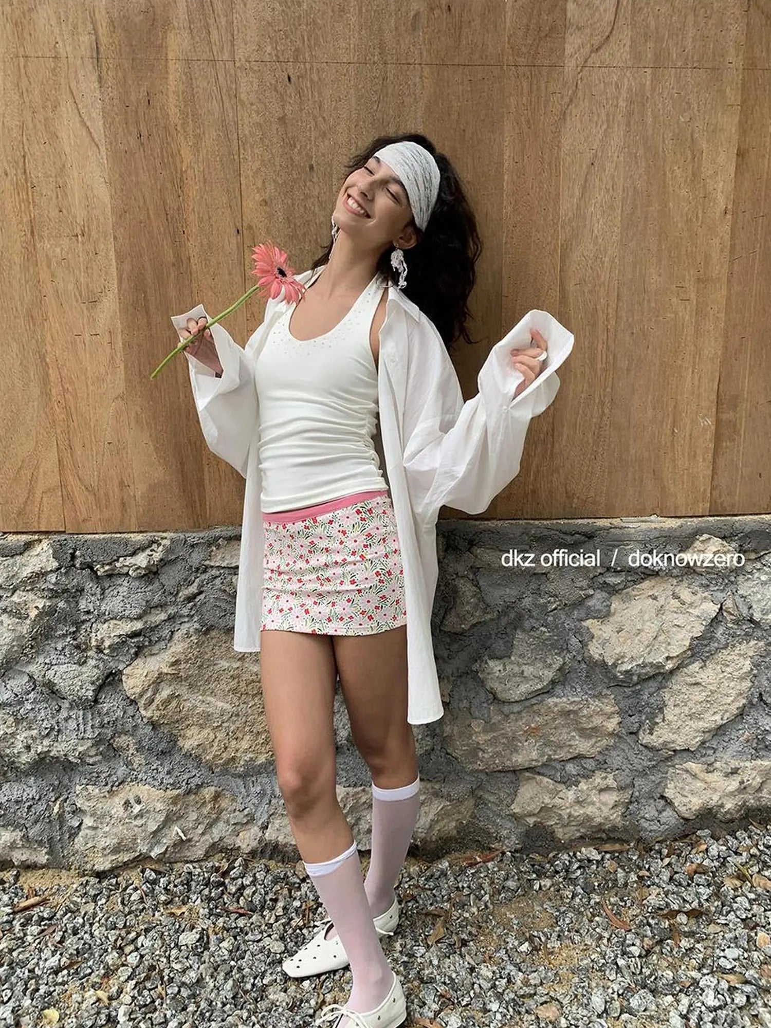 DKZ OFFICIAL Floral Print Pink Knit Straight Skirt Summer Sweet Spicy