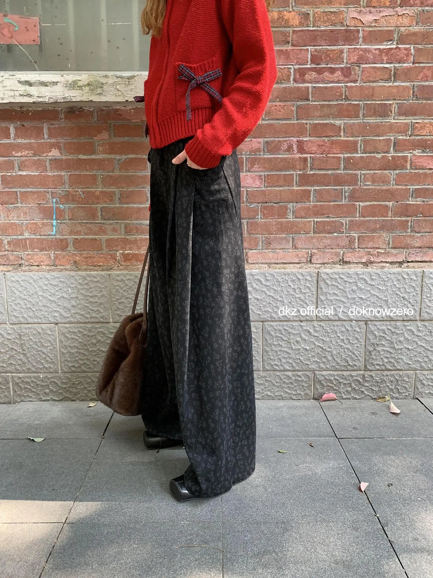 DKZ OFFICIAL Floral Print Wide Leg Trousers With Drape