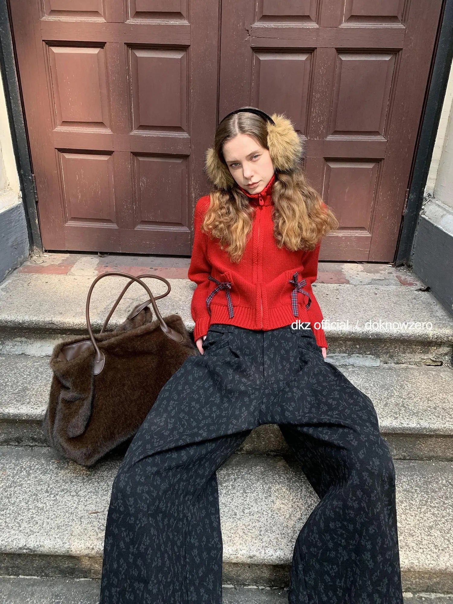 DKZ OFFICIAL Floral Print Wide Leg Trousers With Drape