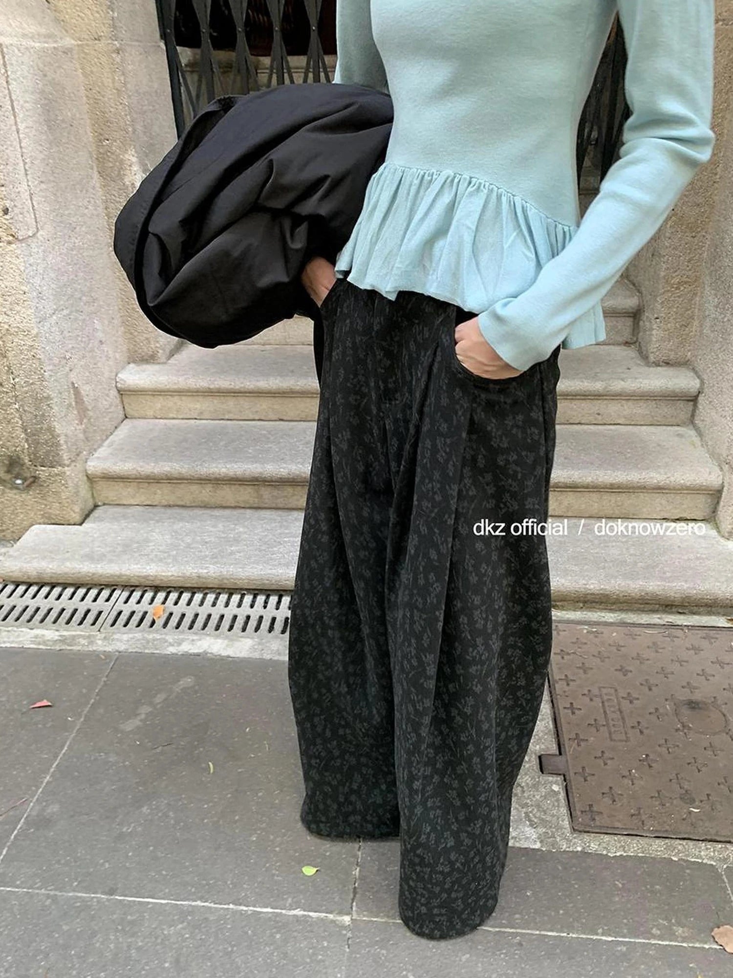 DKZ OFFICIAL Floral Print Wide Leg Trousers With Drape
