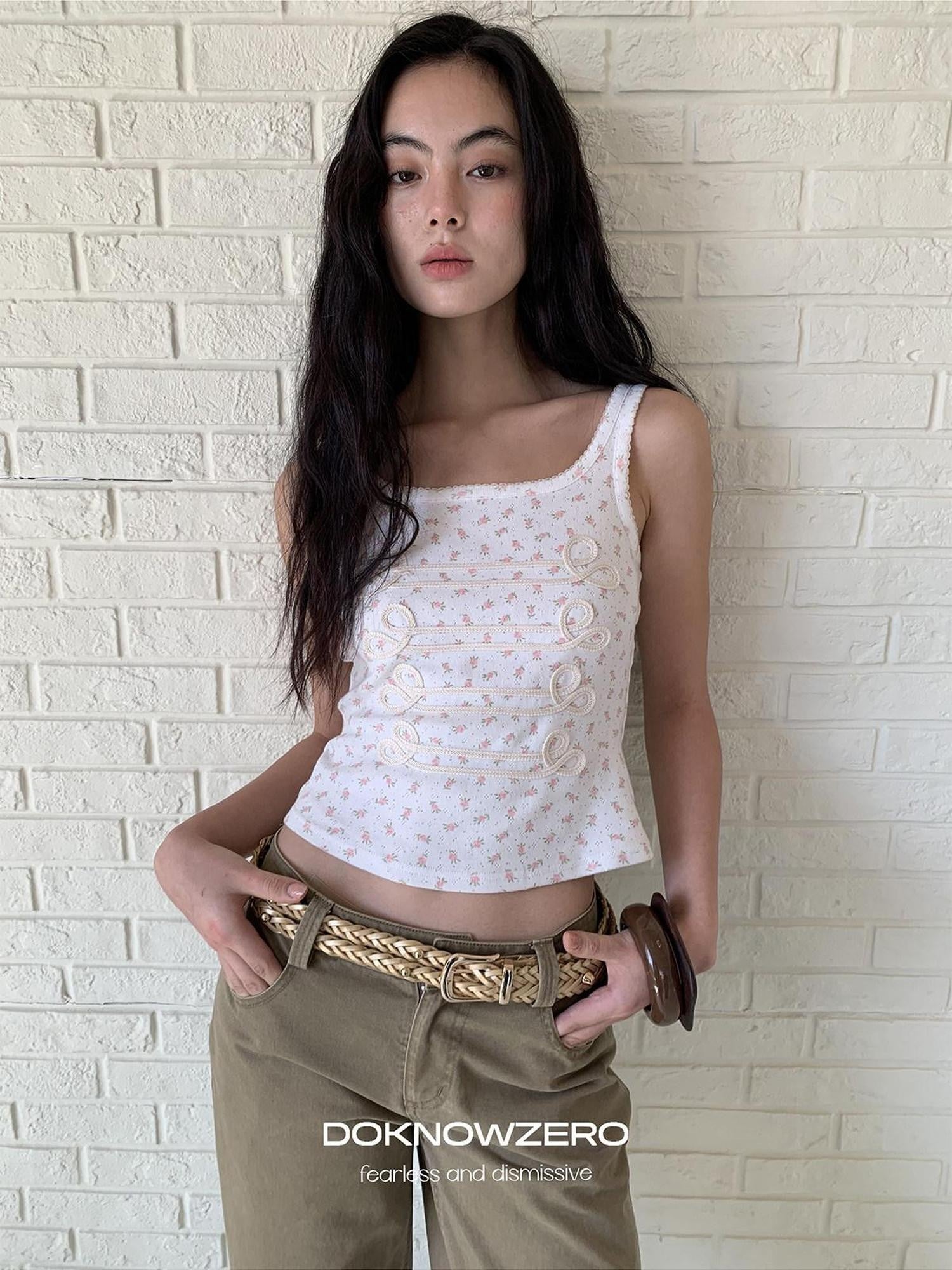 DKZ OFFICIAL Floral Square Neck Braided Knot Slim Women&