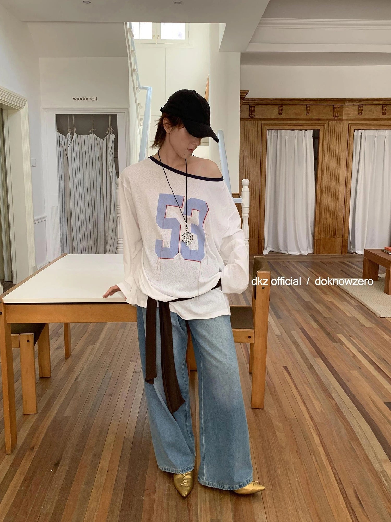 DKZ OFFICIAL Flowy Fringed Letter Print Cold Shoulder Blouse