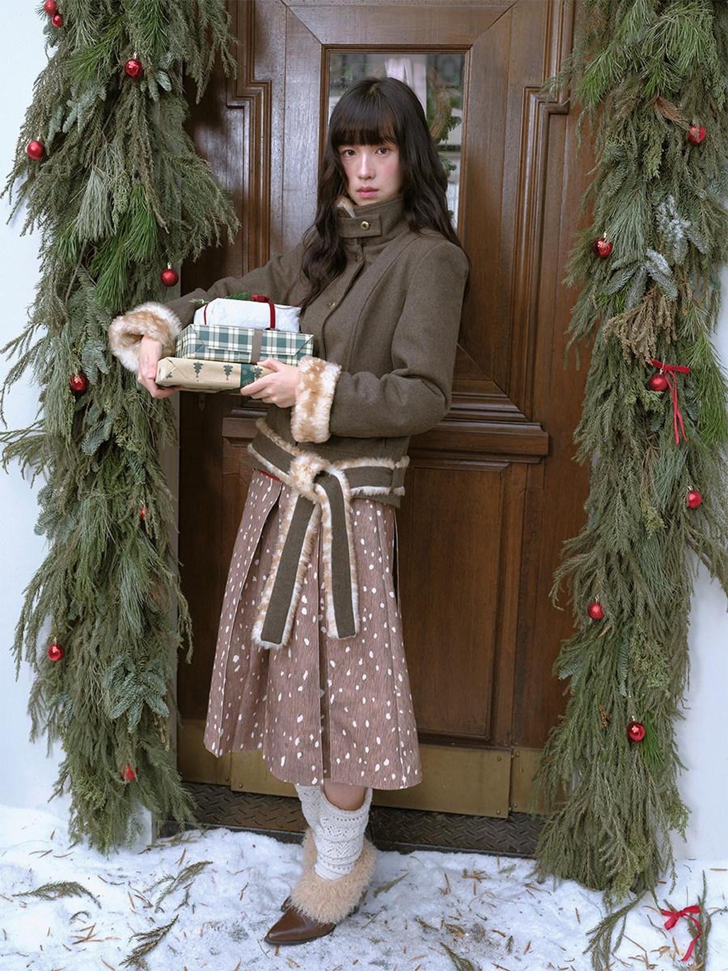 DKZ OFFICIAL Fluffy Collar Spliced Wool Deer Print Waist Women&