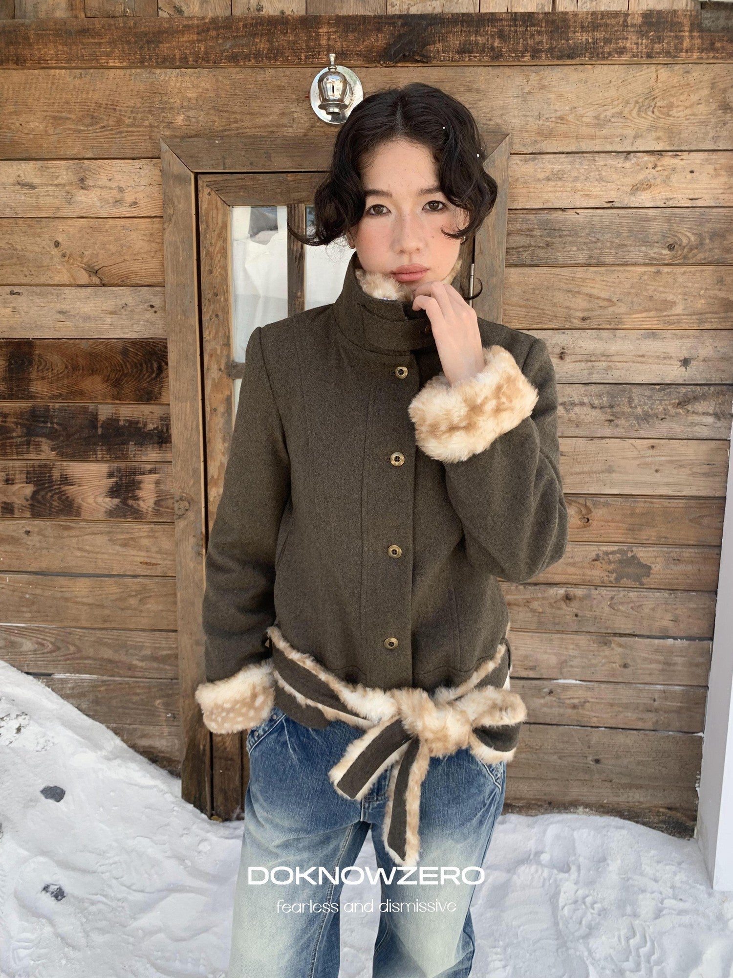 DKZ OFFICIAL Fluffy Collar Spliced Wool Deer Print Waist Women&