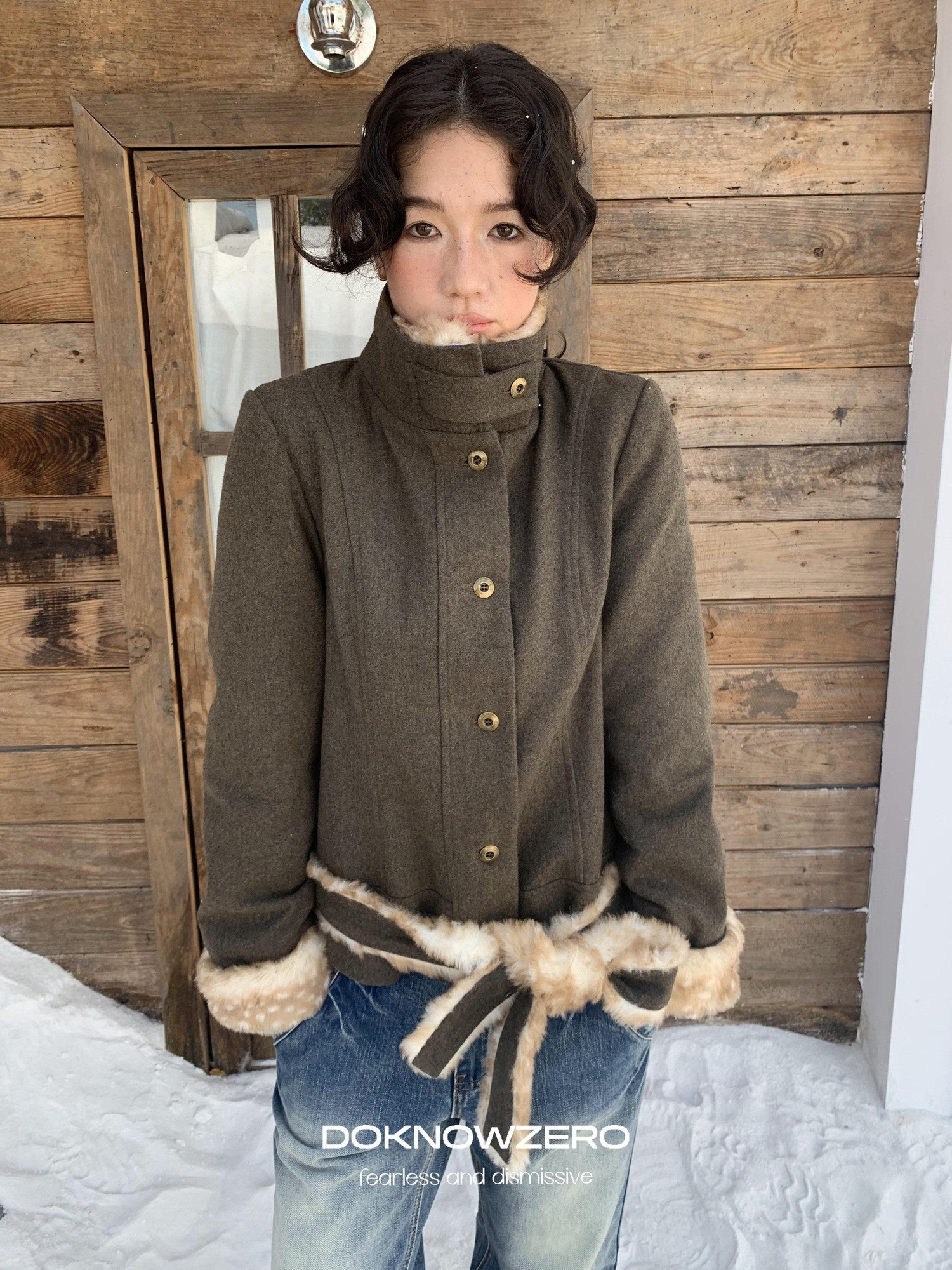 DKZ OFFICIAL Fluffy Collar Spliced Wool Deer Print Waist Women&