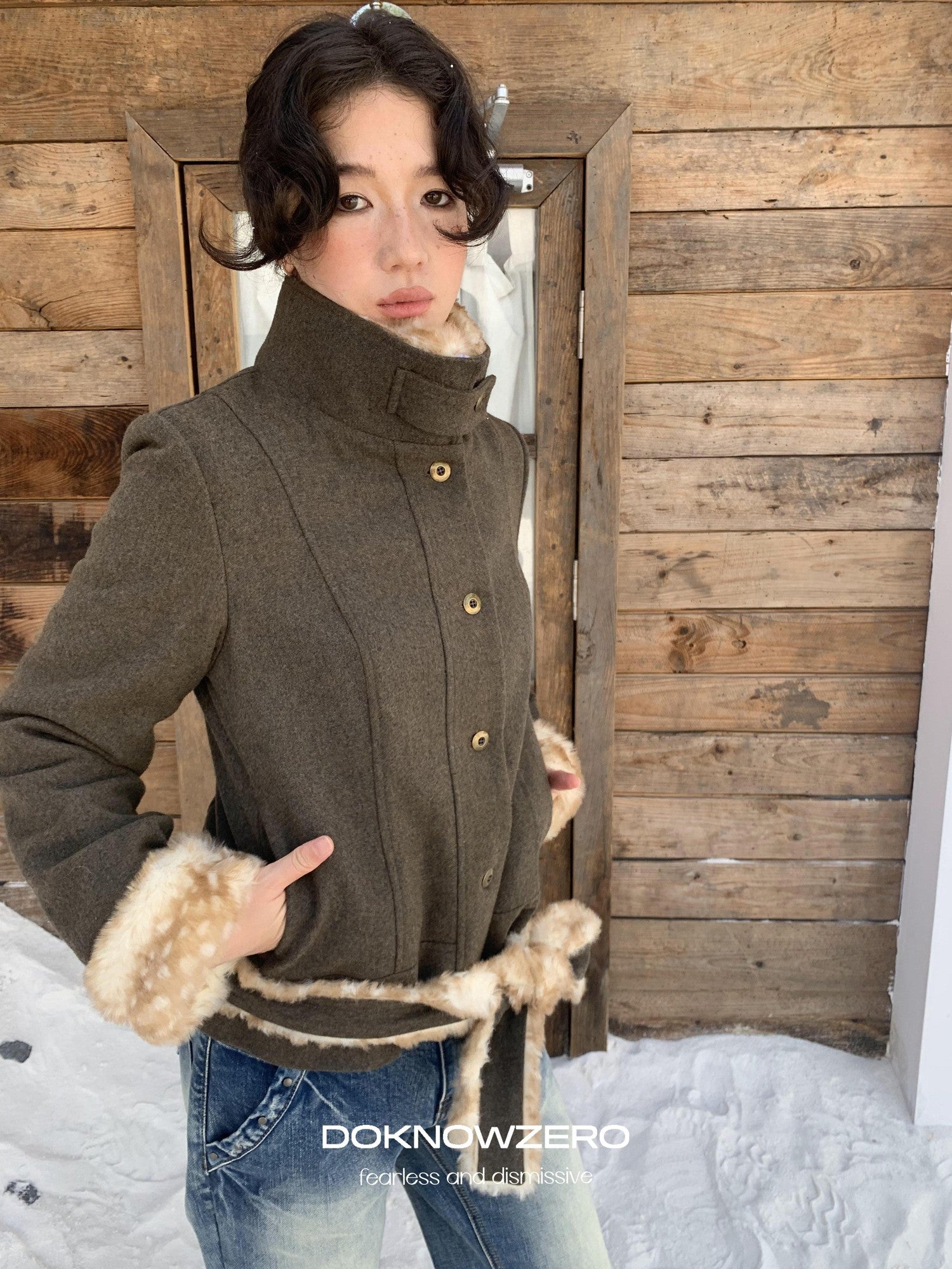 DKZ OFFICIAL Fluffy Collar Spliced Wool Deer Print Waist Women&