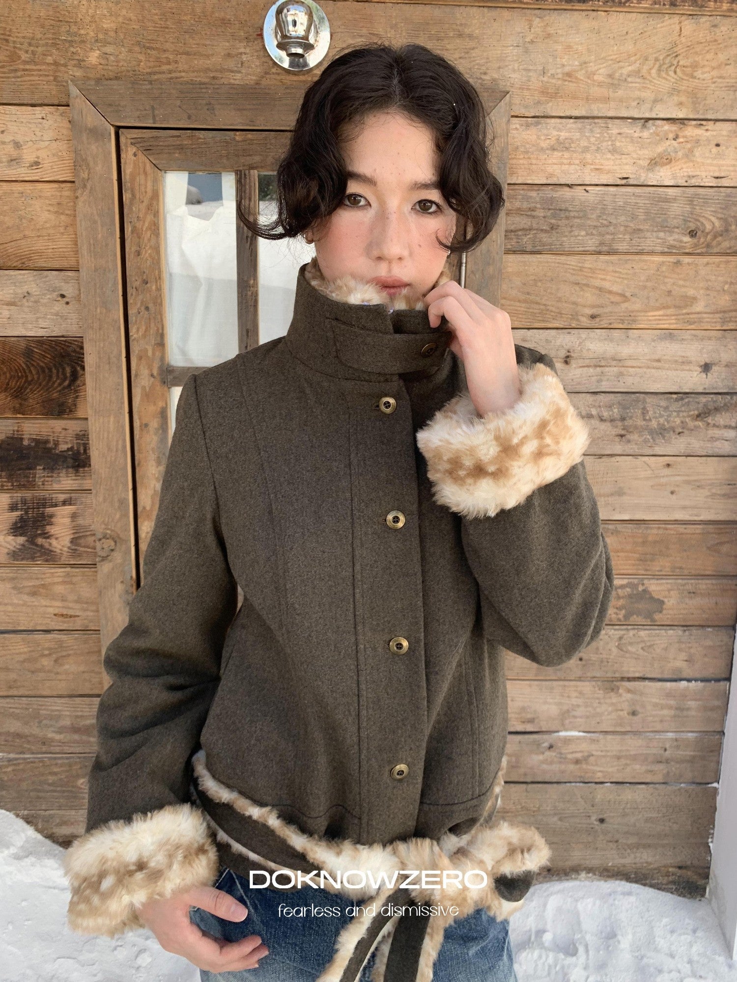DKZ OFFICIAL Fluffy Collar Spliced Wool Deer Print Waist Women&
