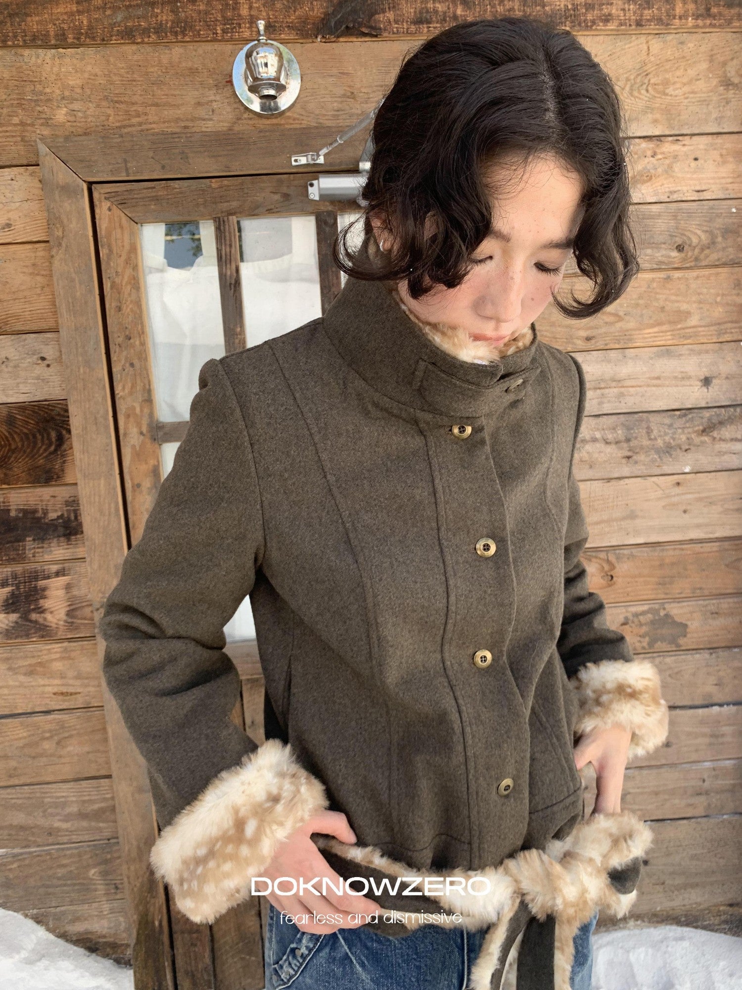 DKZ OFFICIAL Fluffy Collar Spliced Wool Deer Print Waist Women&