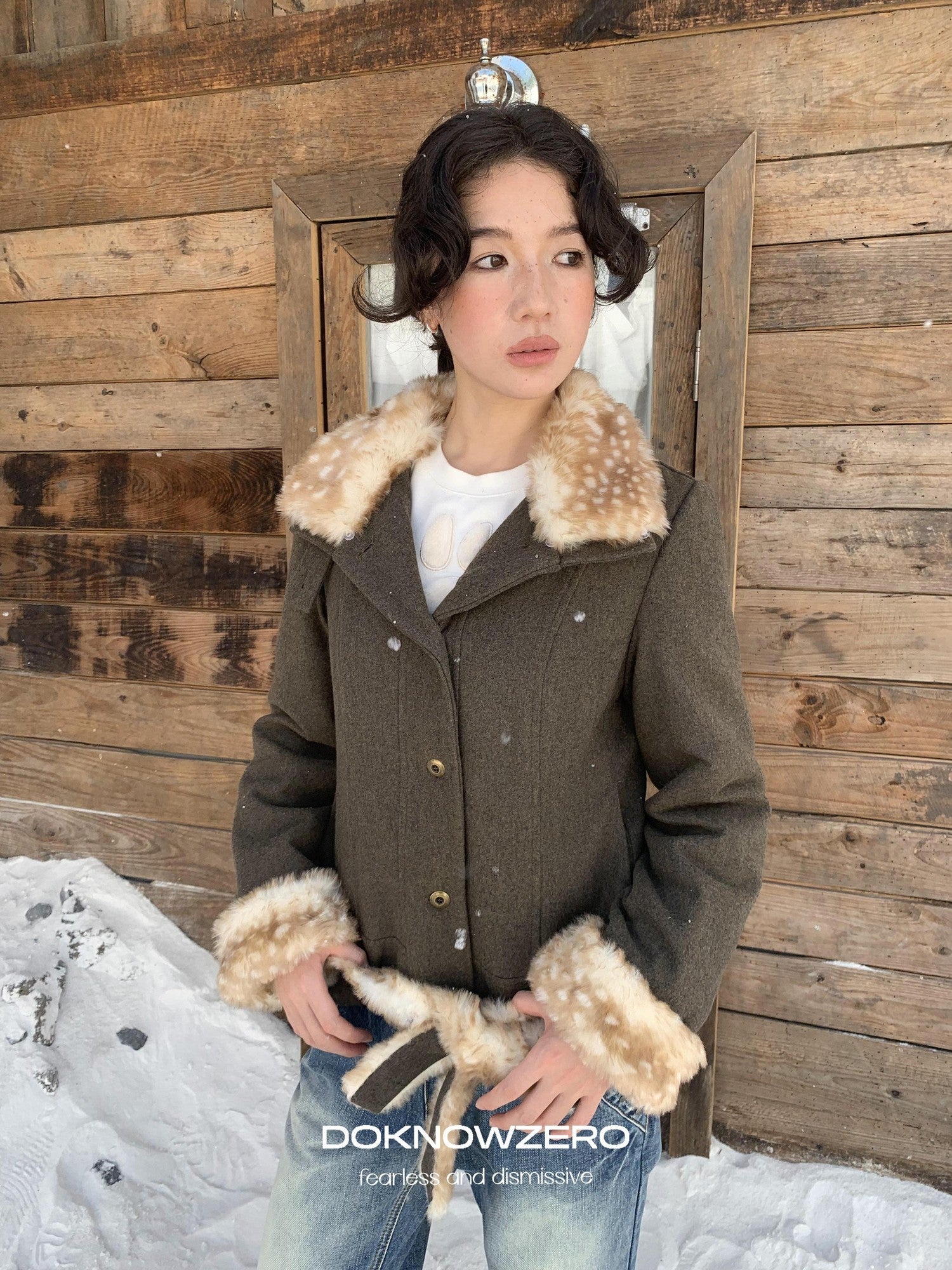 DKZ OFFICIAL Fluffy Collar Spliced Wool Deer Print Waist Women&