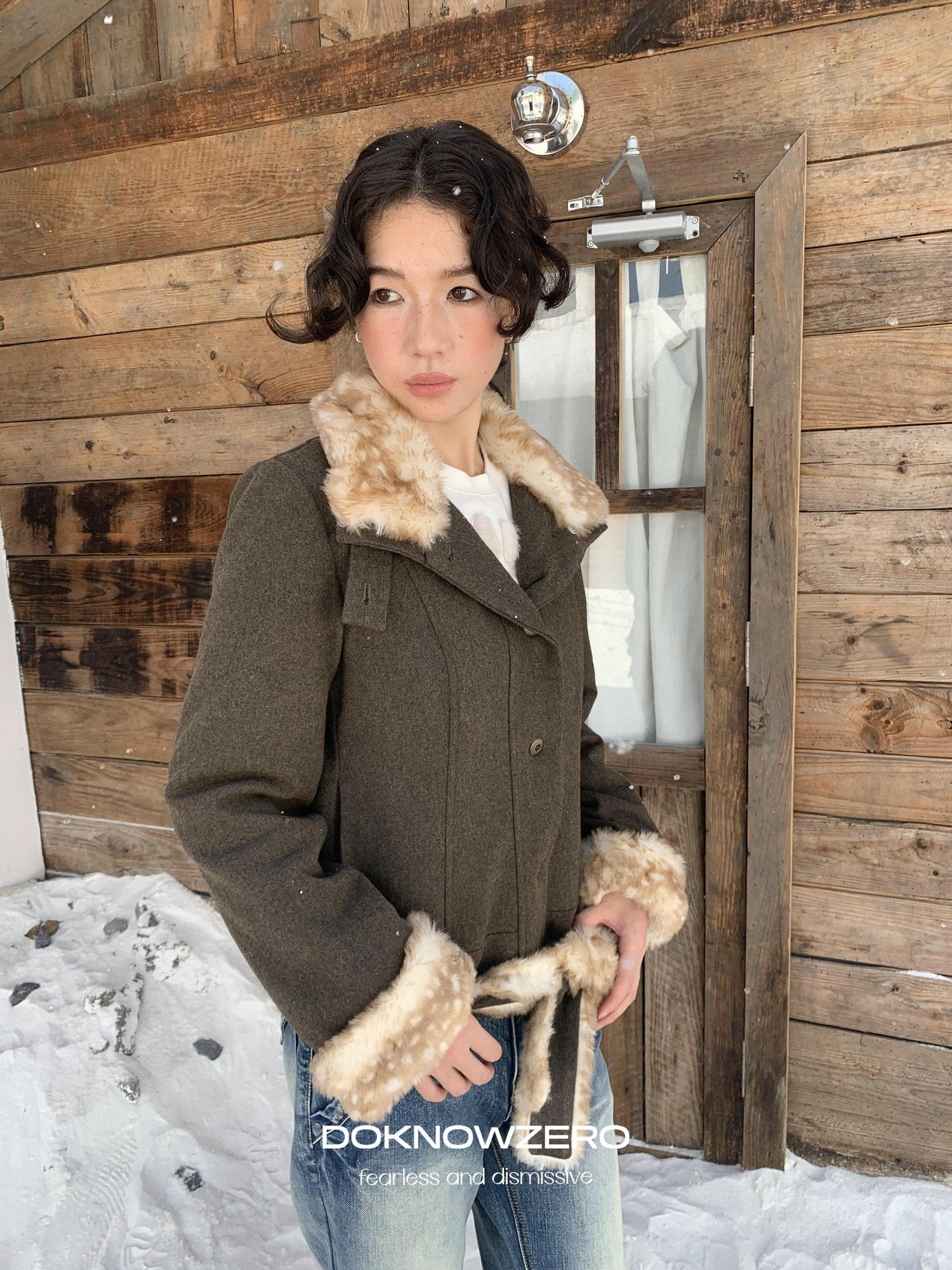 DKZ OFFICIAL Fluffy Collar Spliced Wool Deer Print Waist Women&