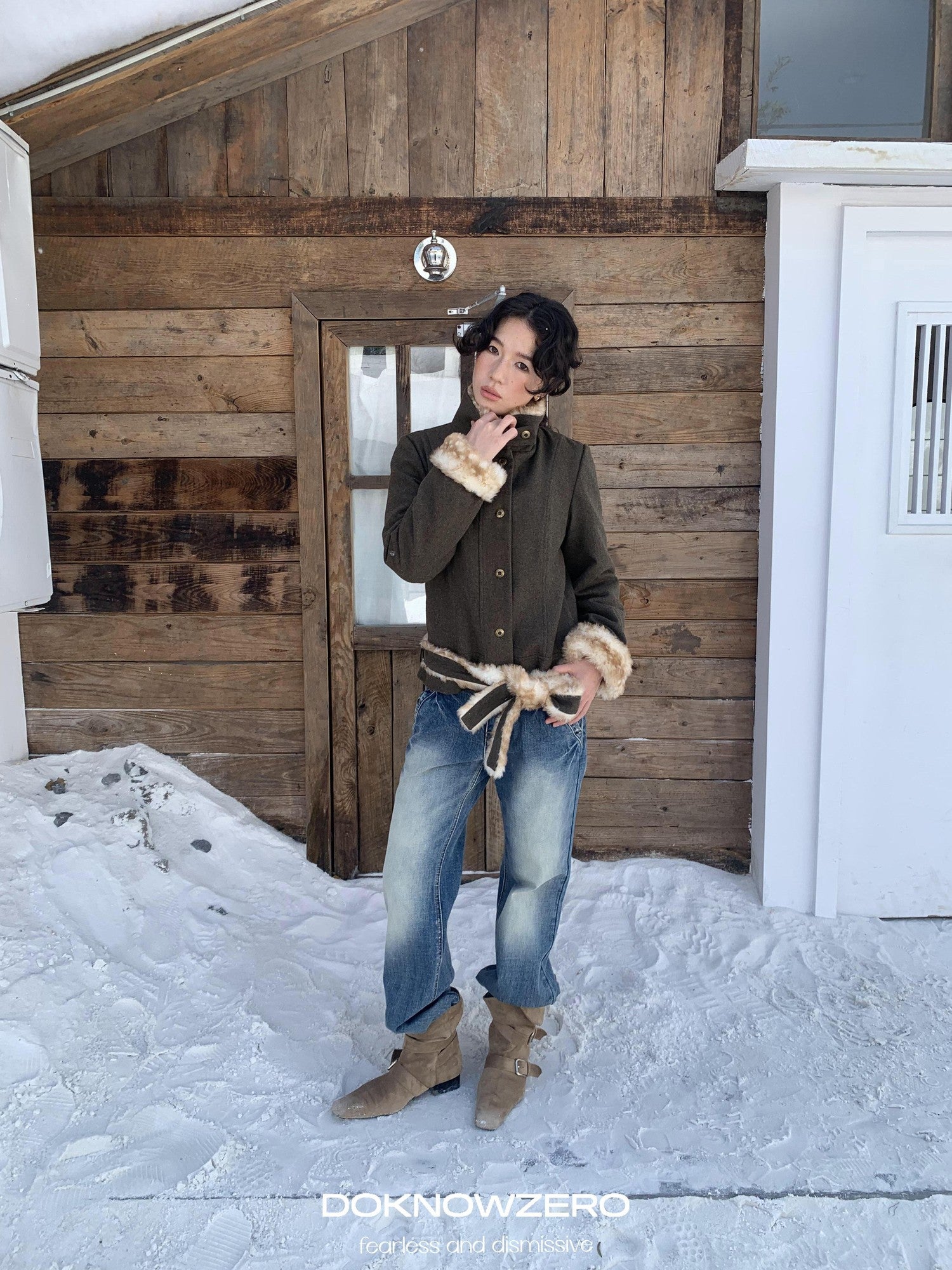 DKZ OFFICIAL Fluffy Collar Spliced Wool Deer Print Waist Women&