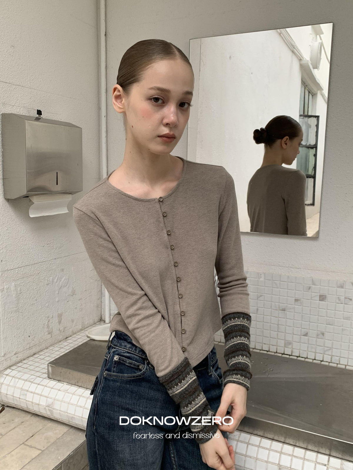 DKZ OFFICIAL Forest Patchwork Sleeve Slim Fit Retro Women&