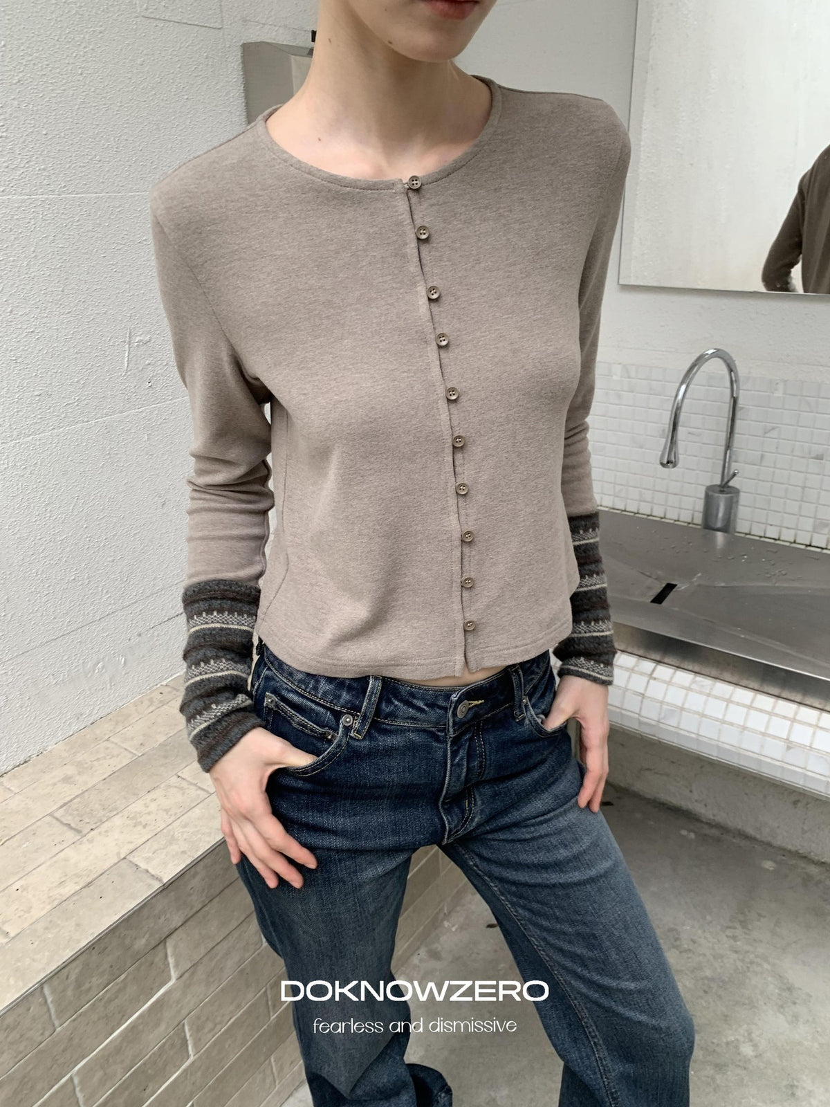 DKZ OFFICIAL Forest Patchwork Sleeve Slim Fit Retro Women&