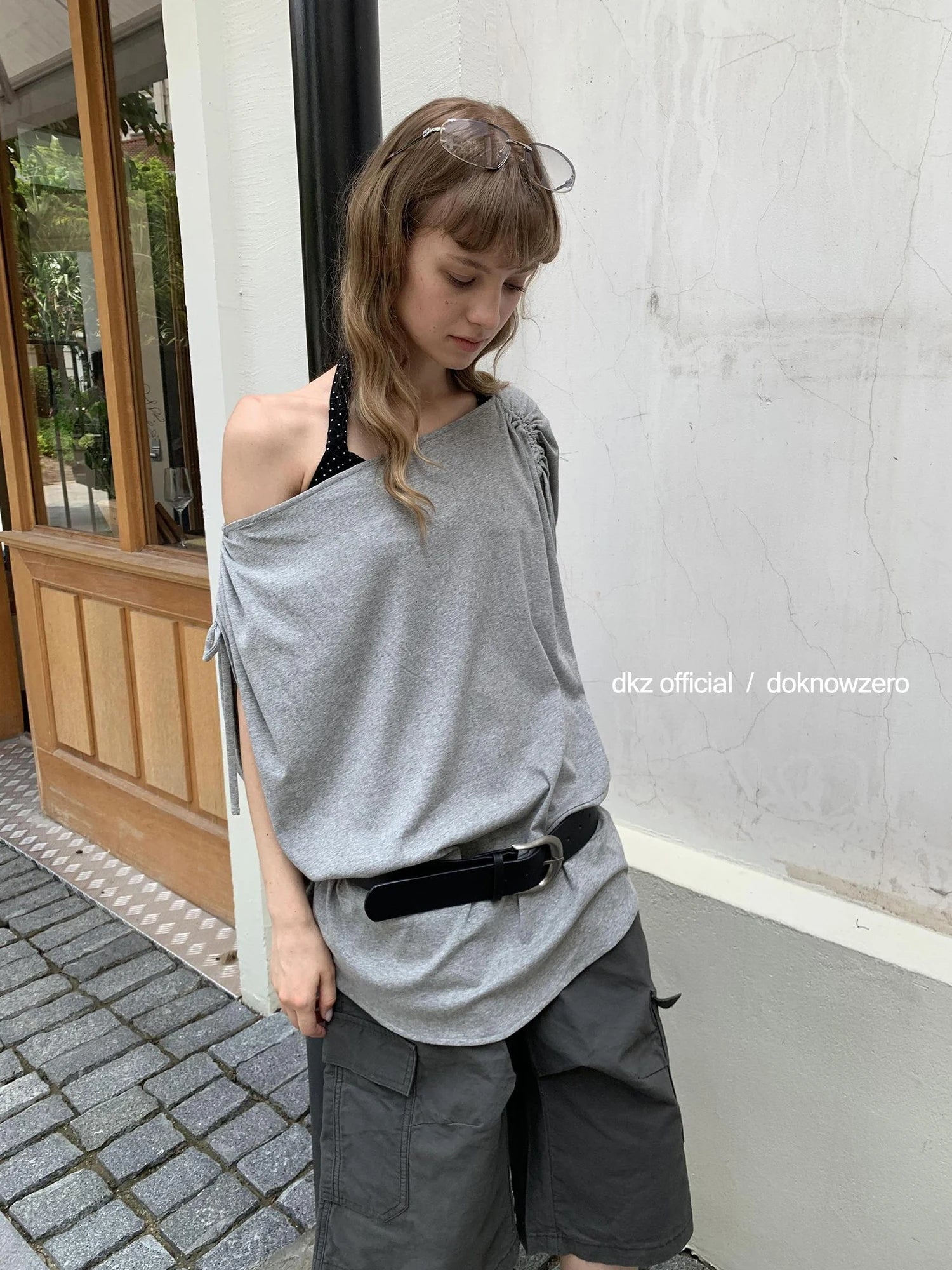 DKZ OFFICIAL Gray Batwing Sleeve T-shirt With Drawstring And Off-Shoulder Design