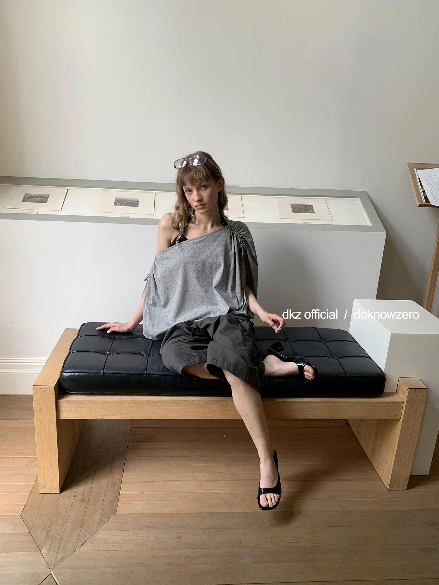 DKZ OFFICIAL Gray Batwing Sleeve T-shirt With Drawstring And Off-Shoulder Design