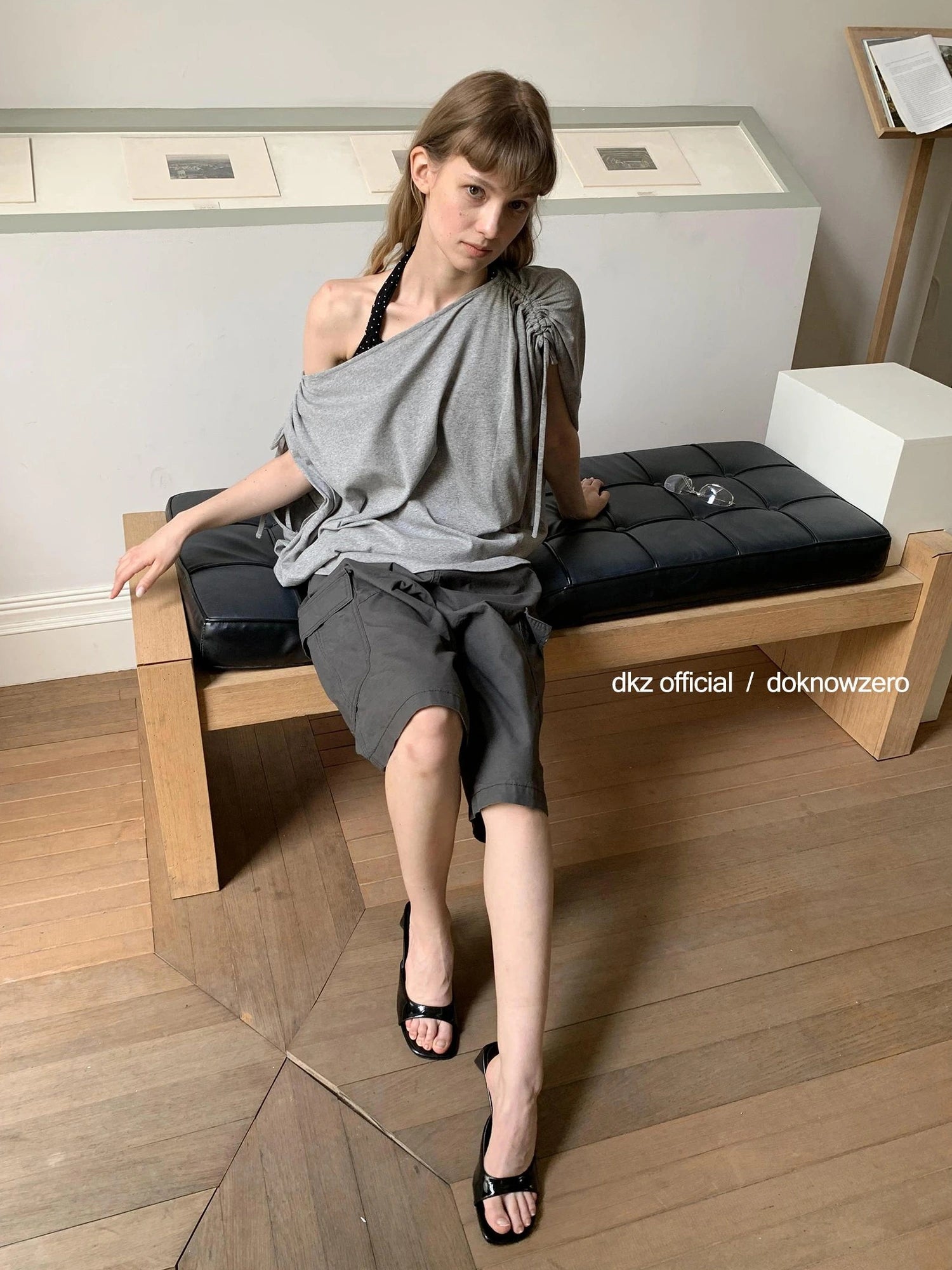 DKZ OFFICIAL Gray Batwing Sleeve T-shirt With Drawstring And Off-Shoulder Design