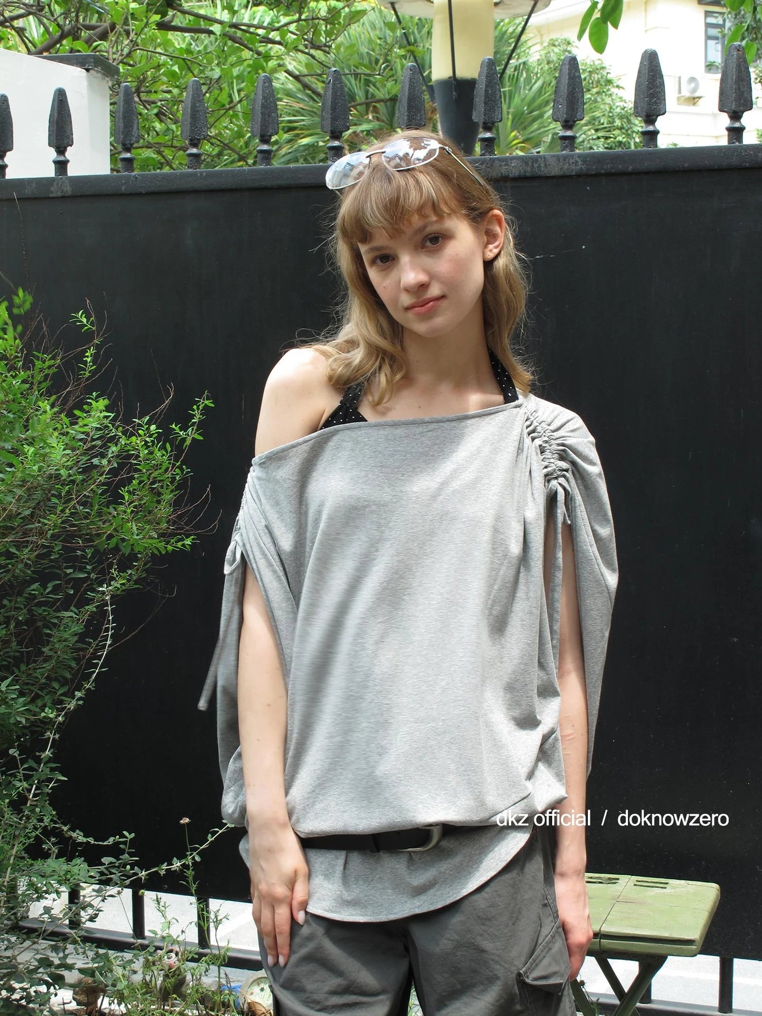 DKZ OFFICIAL Gray Batwing Sleeve T-shirt With Drawstring And Off-Shoulder Design