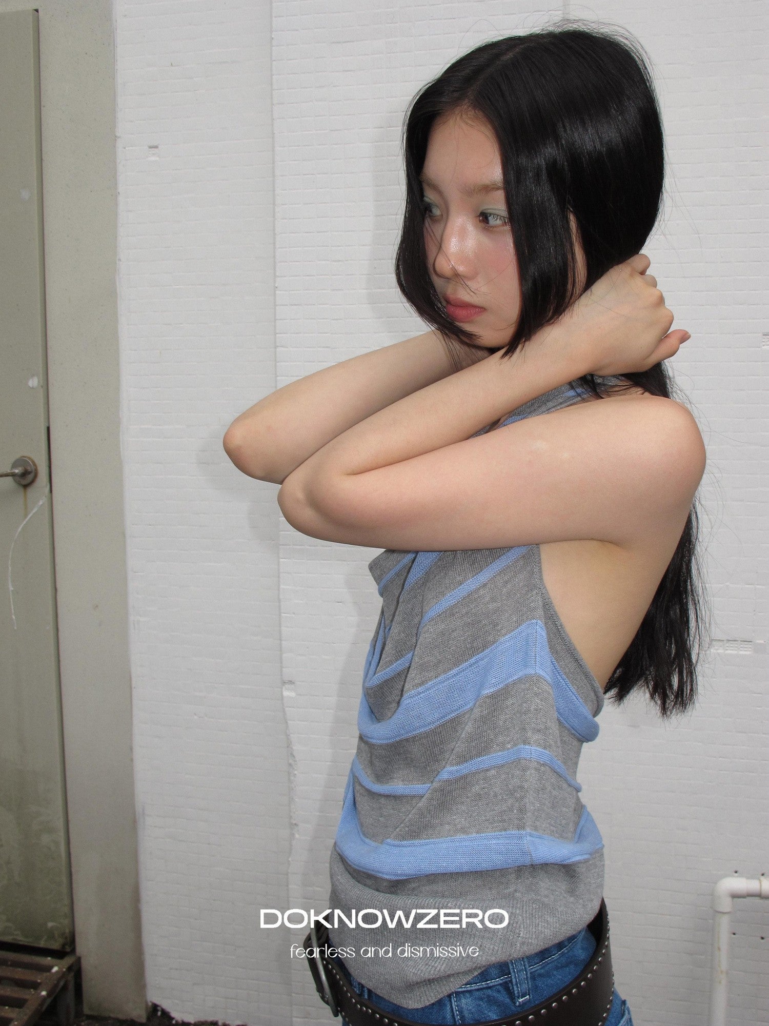 DKZ OFFICIAL Gray Blue Striped Open Back Cowl Neck Women&