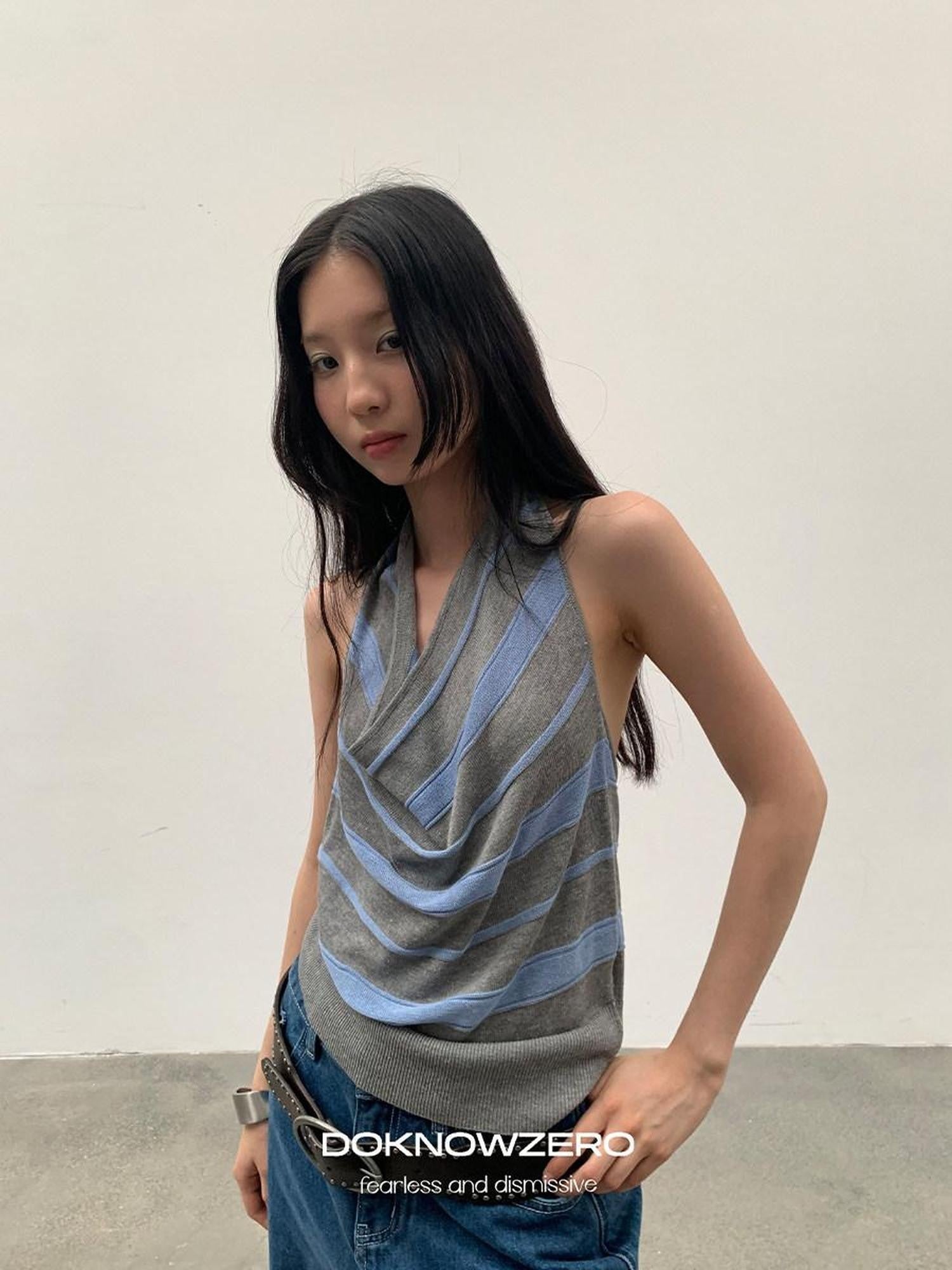 DKZ OFFICIAL Gray Blue Striped Open Back Cowl Neck Women&