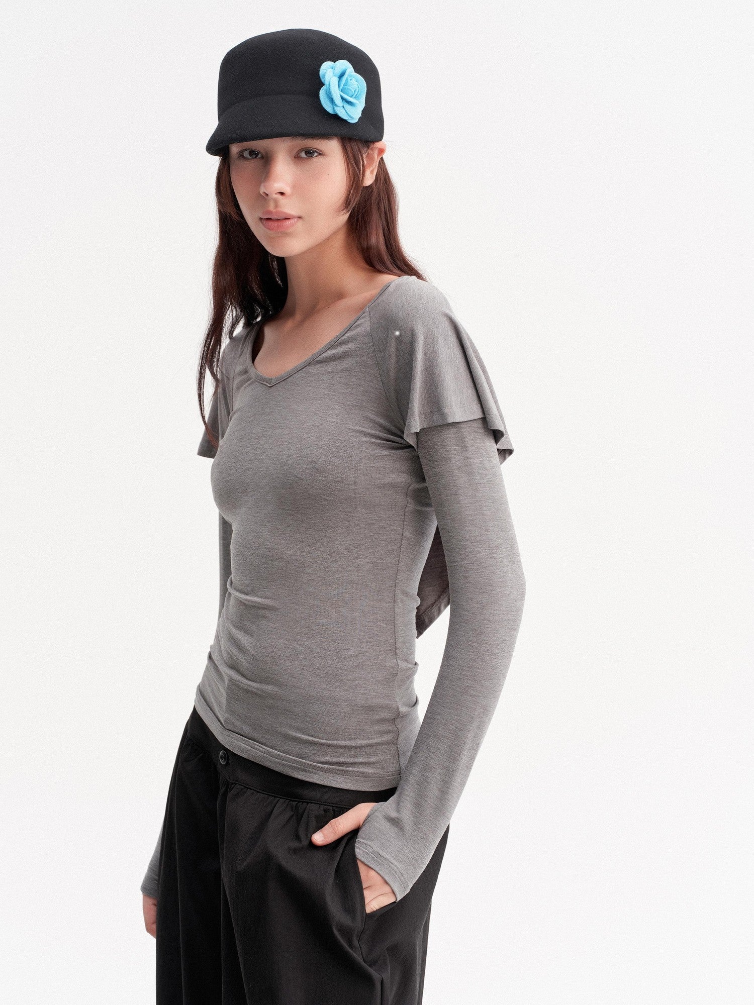 DKZ OFFICIAL Gray Faux Layered Cape Splice V-neck Women&