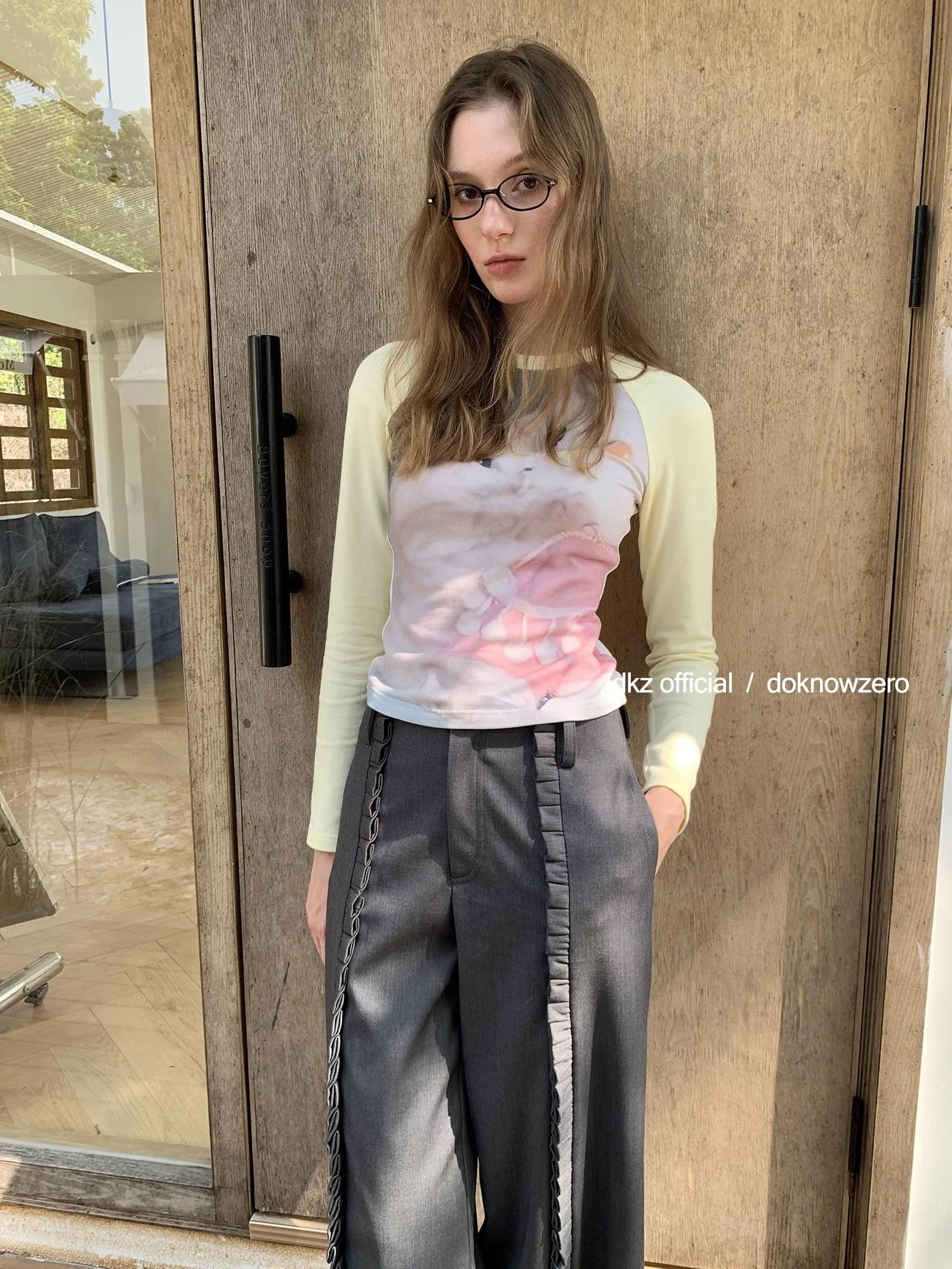 DKZ OFFICIAL Gray Flared Trousers With Lace Trim And Contrast Panels