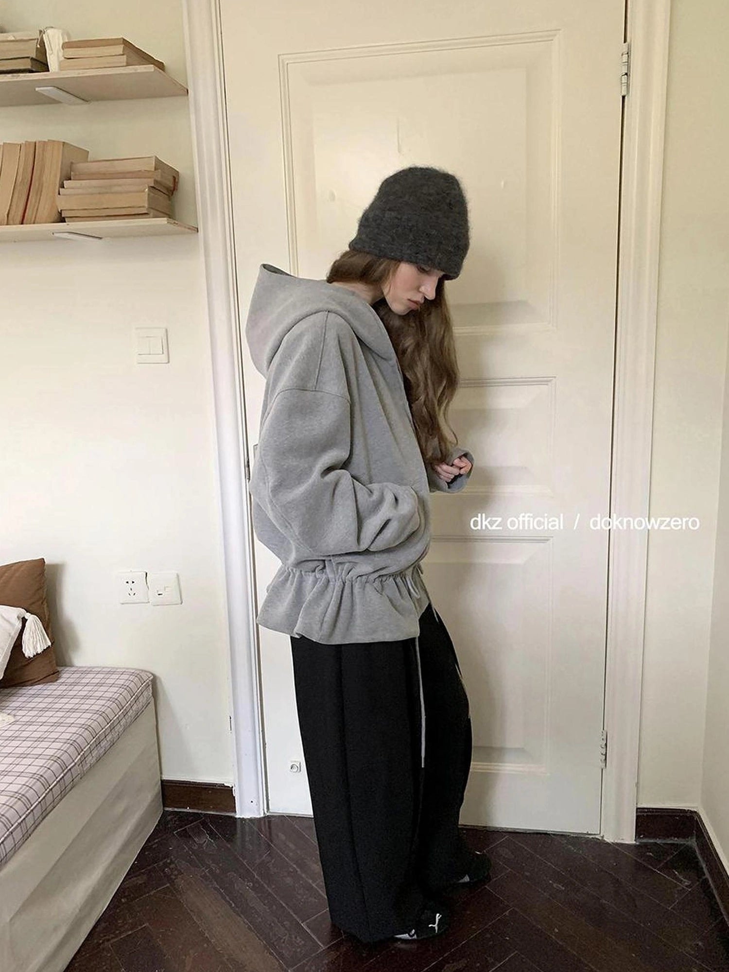 DKZ OFFICIAL Gray Fleece Hooded Cardigan With Drawstring Hem