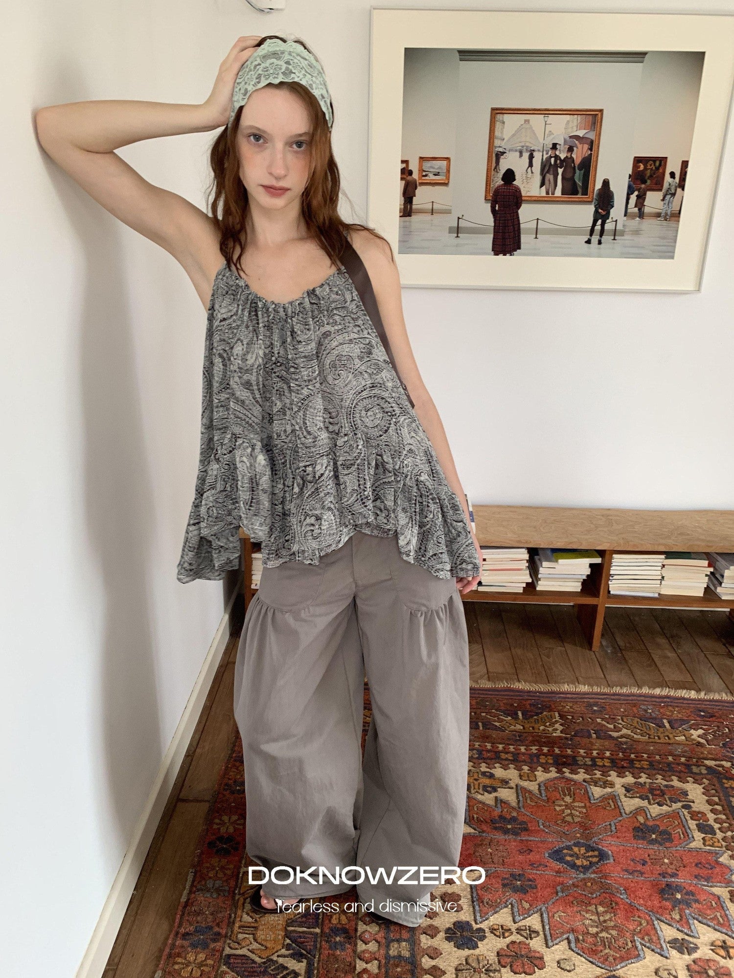 DKZ OFFICIAL Gray Floral Print Asymmetric Drawstring Women&