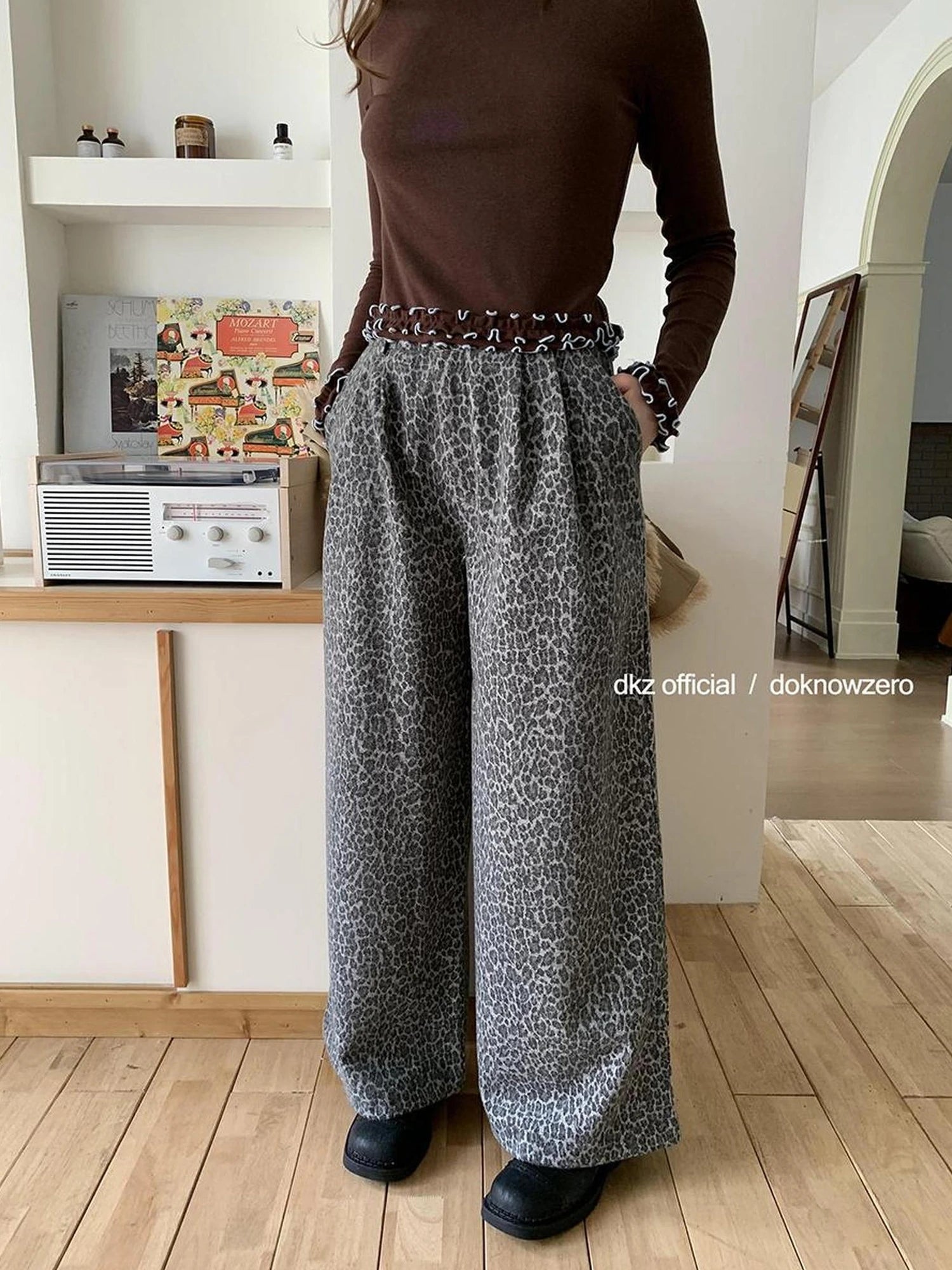 Gray Leopard Print Wide Leg Trousers For Women