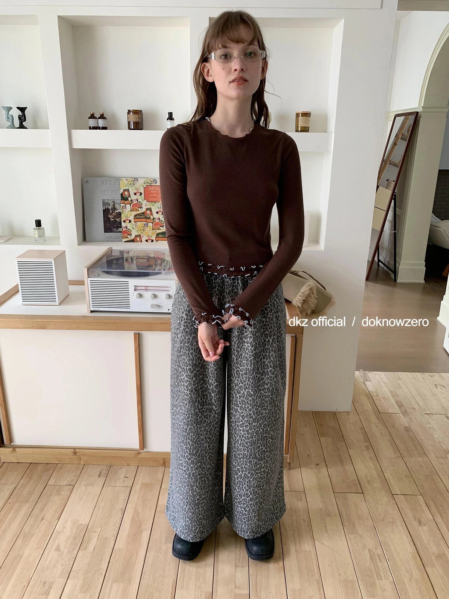 Gray Leopard Print Wide Leg Trousers For Women