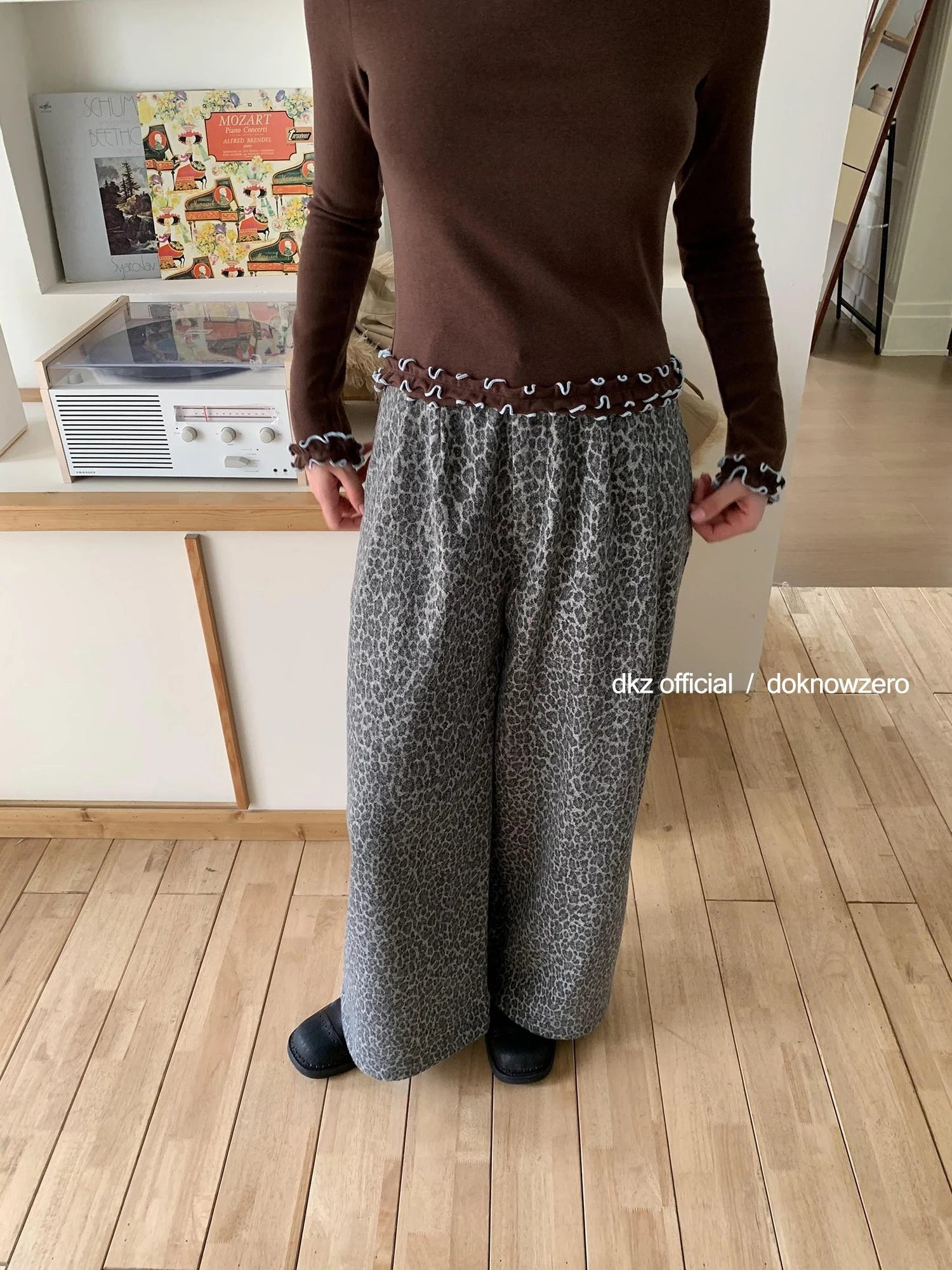 Gray Leopard Print Wide Leg Trousers For Women