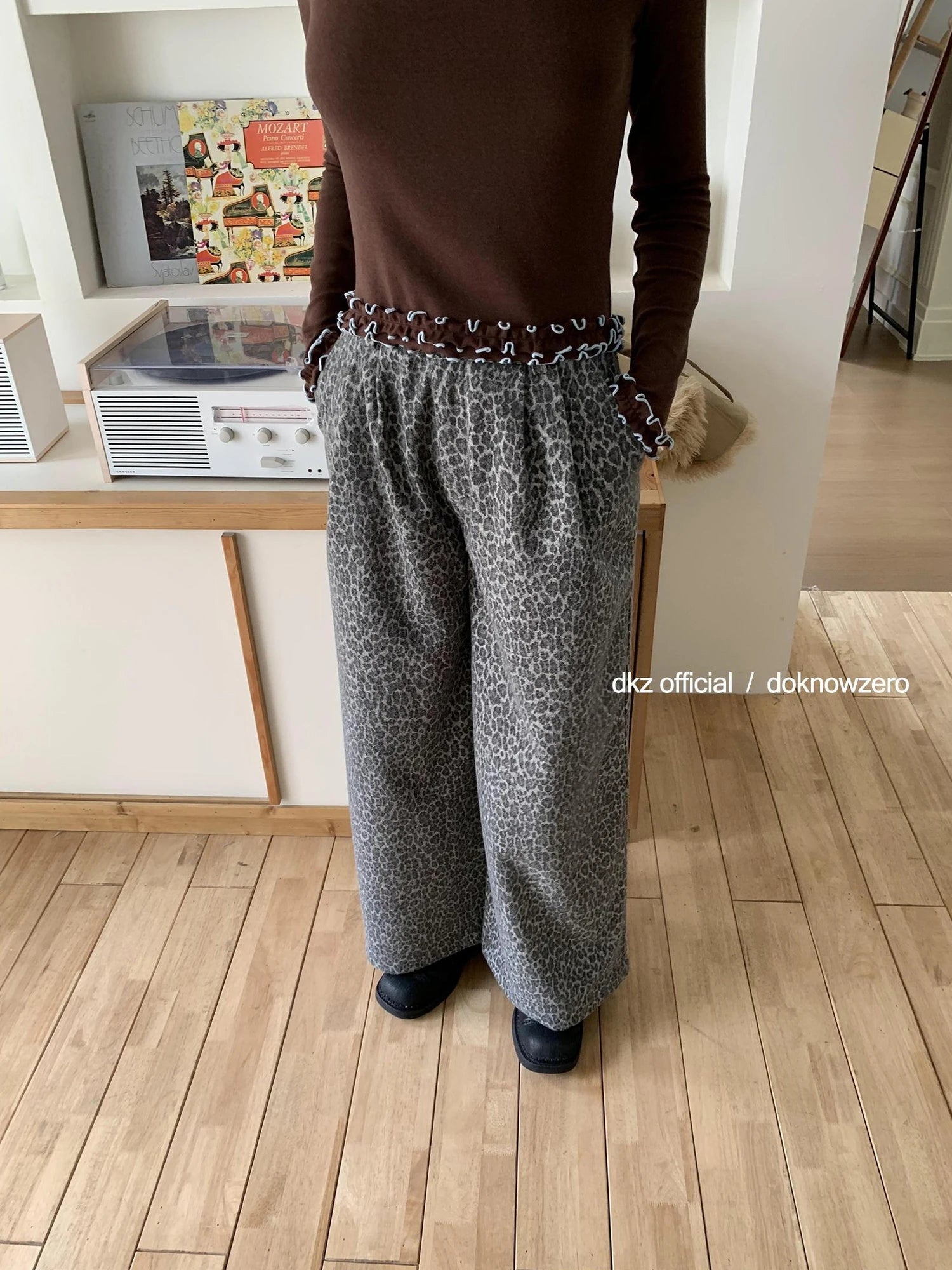 Gray Leopard Print Wide Leg Trousers For Women