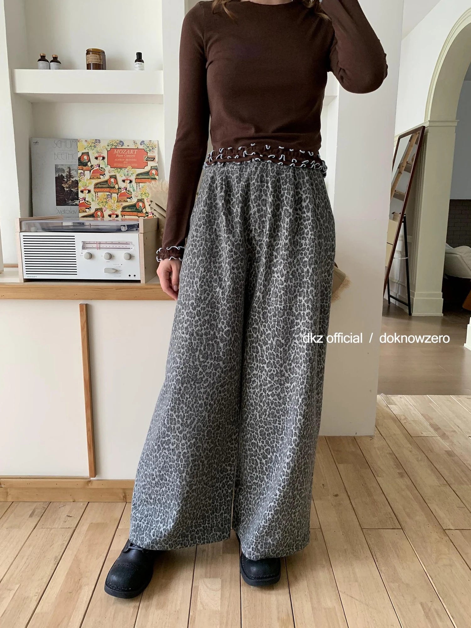 Gray Leopard Print Wide Leg Trousers For Women