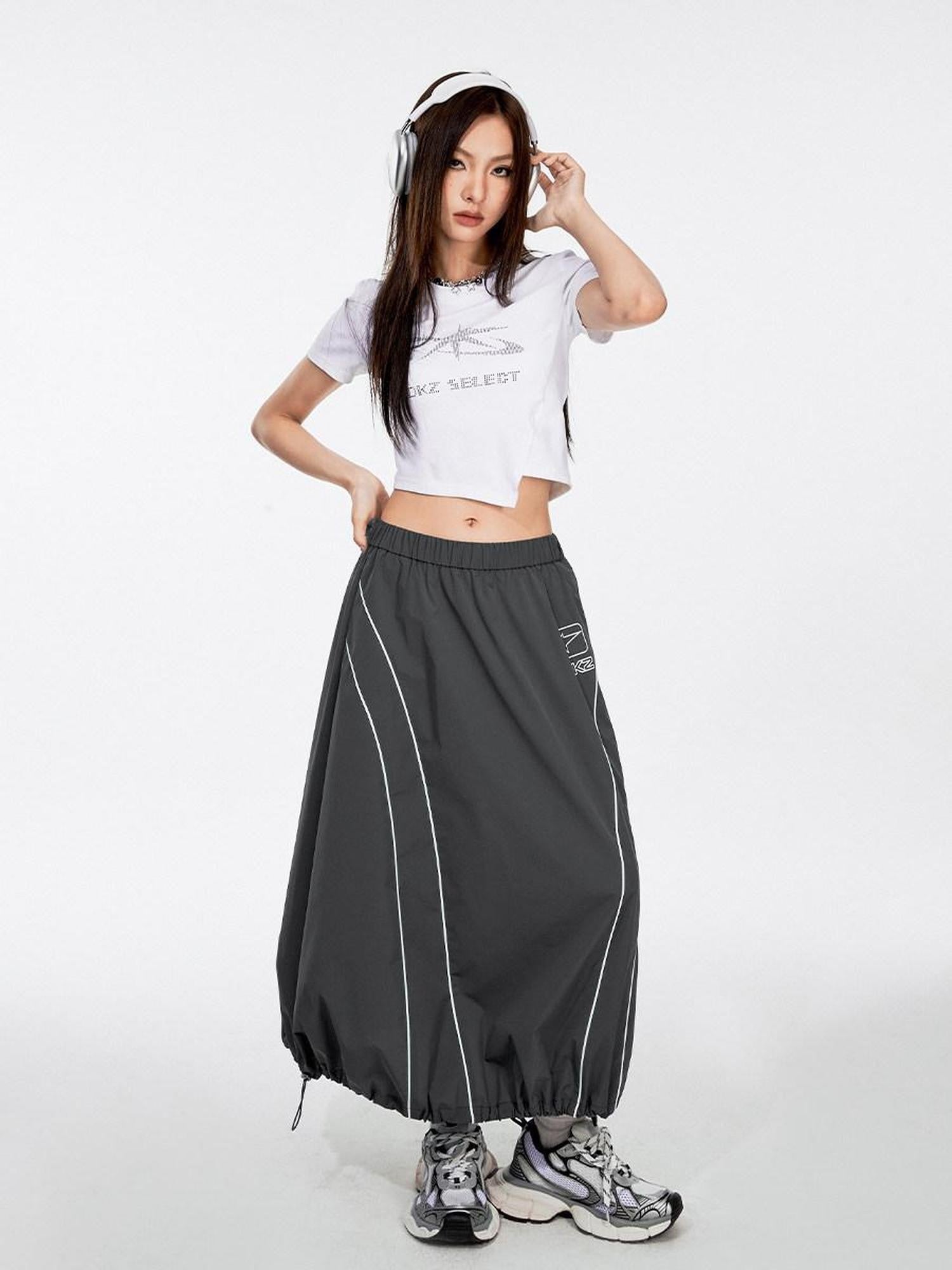 DKZ OFFICIAL Gray Number Print Logo Print Drawstring Hem A Line Women&