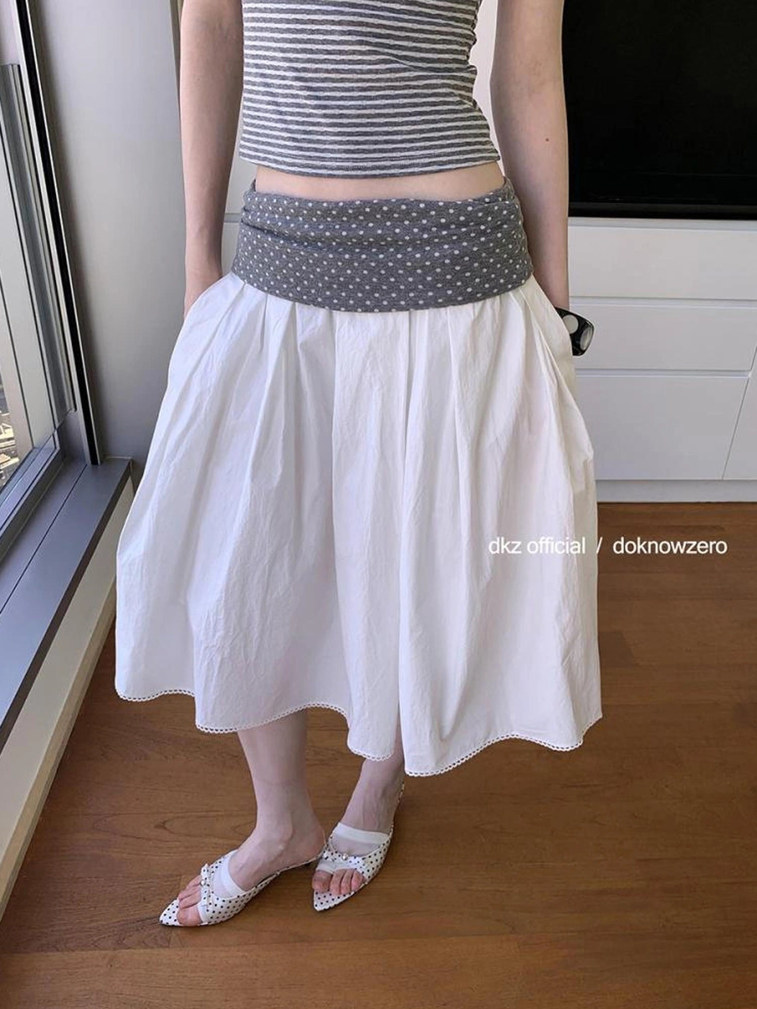 DKZ OFFICIAL Gray Polka Dot Stripe Patchwork Cuffed Shorts