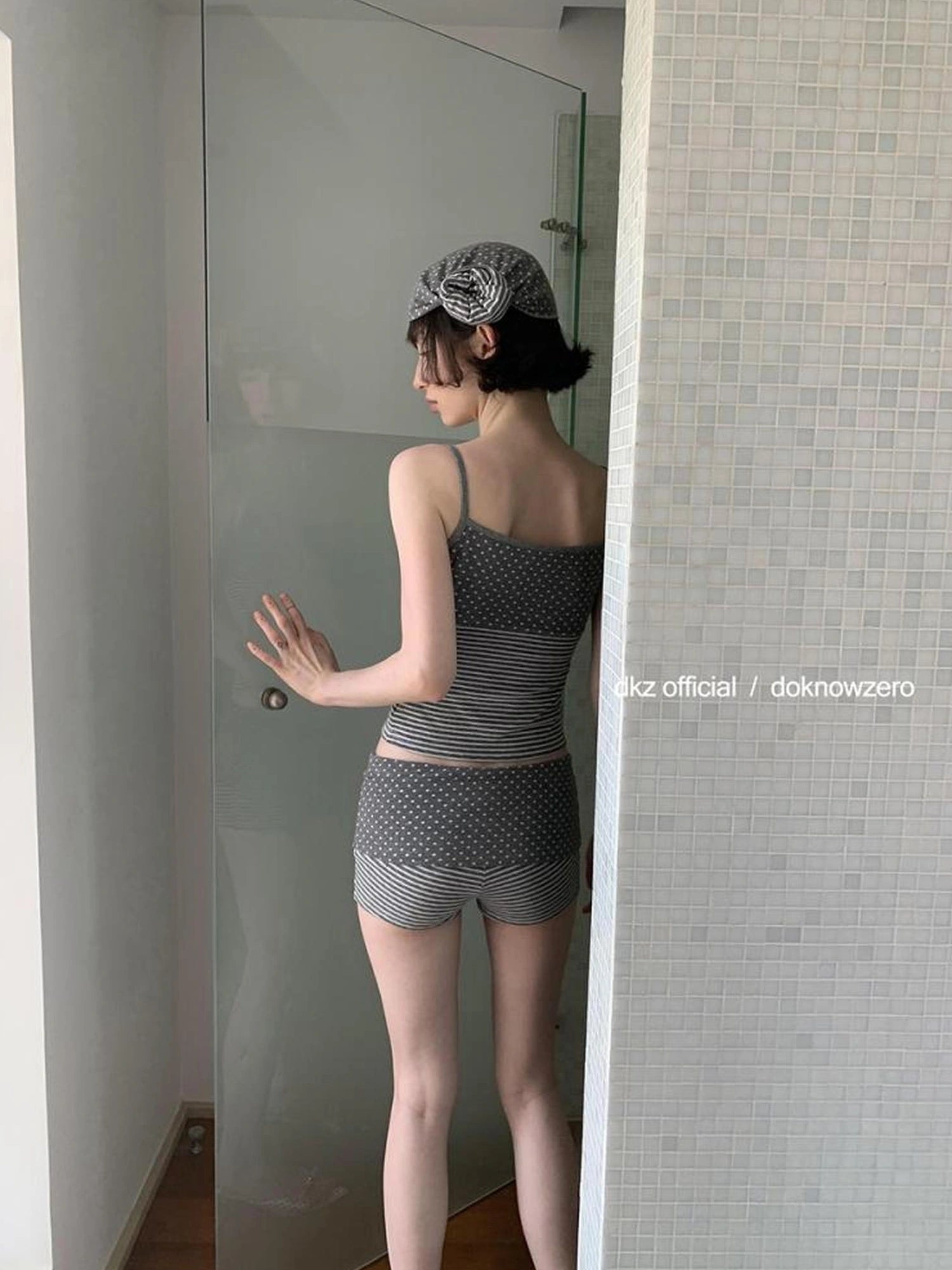 DKZ OFFICIAL Gray Polka Dot Stripe Patchwork Cuffed Shorts