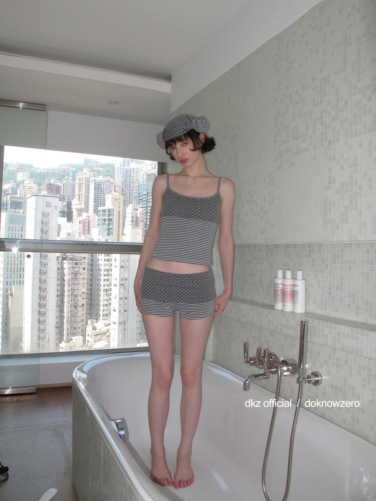 DKZ OFFICIAL Gray Polka Dot Stripe Patchwork Cuffed Shorts