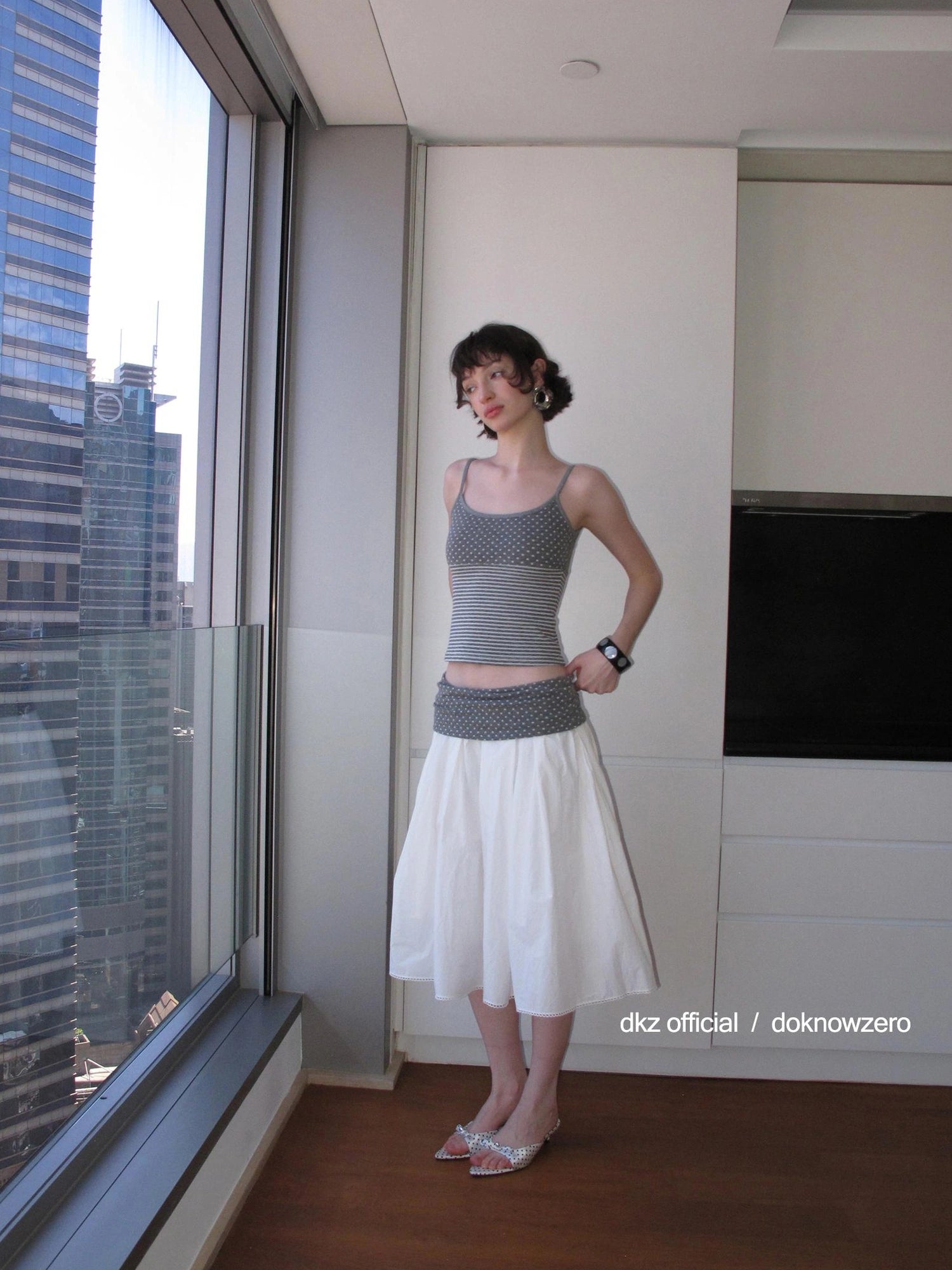 DKZ OFFICIAL Gray Polka Dot Stripe Patchwork Cuffed Shorts