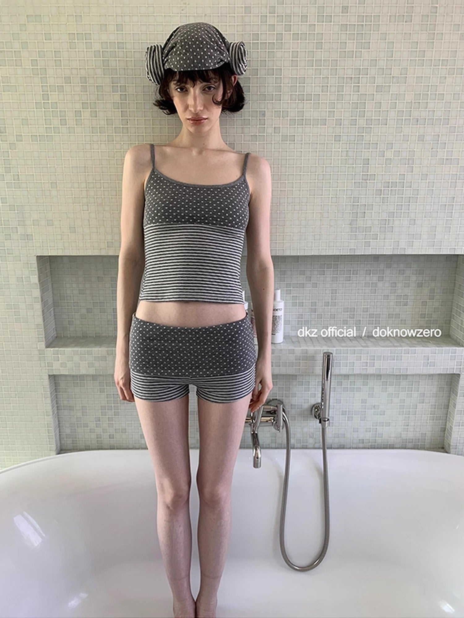 DKZ_OFFICIAL_Gray_Polka_Dot_Stripe_Patchwork_Cuffed_Shorts_MISSTT