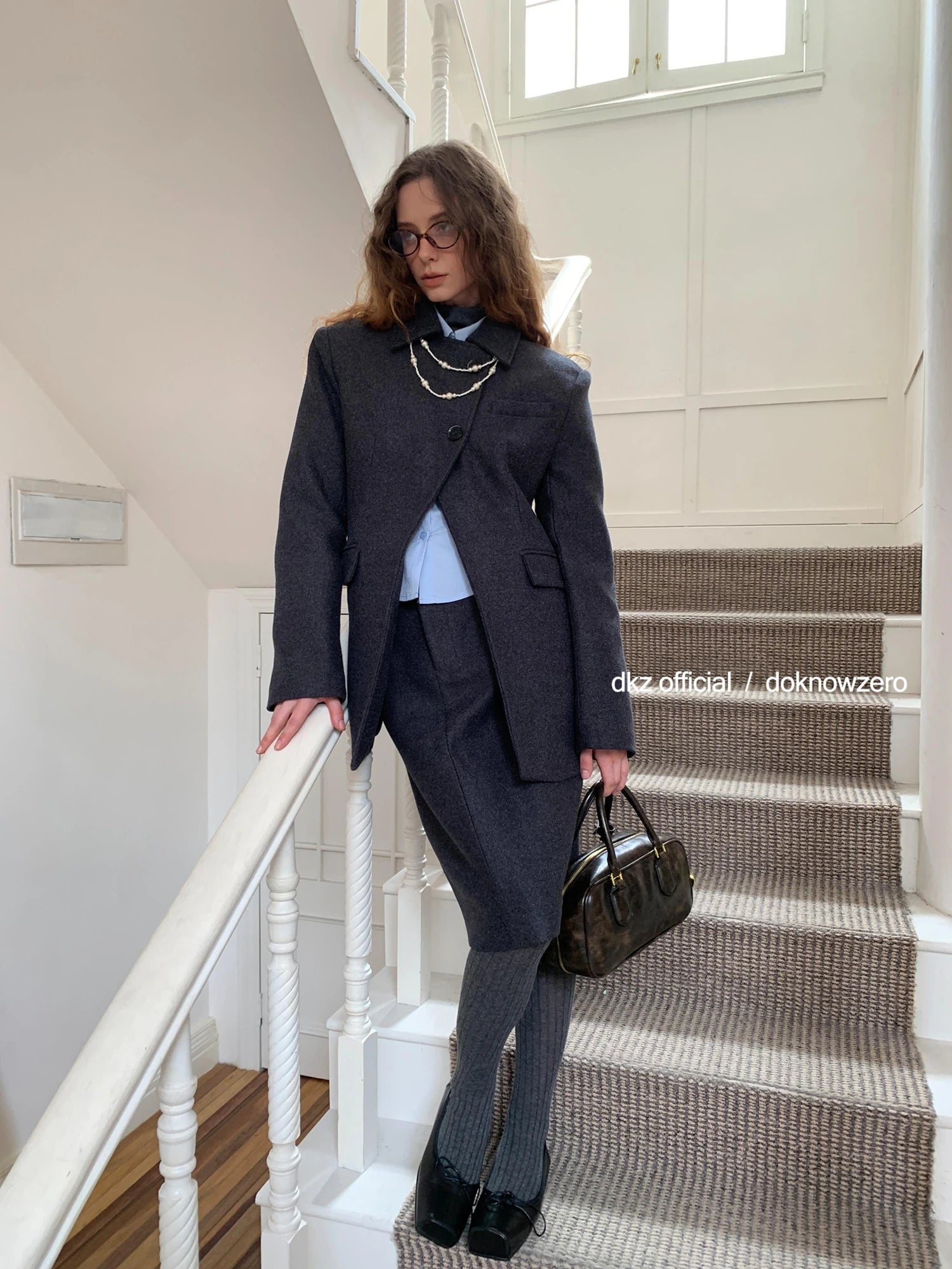 DKZ OFFICIAL Gray Retro Quilted Blazer And Midi Skirt Set