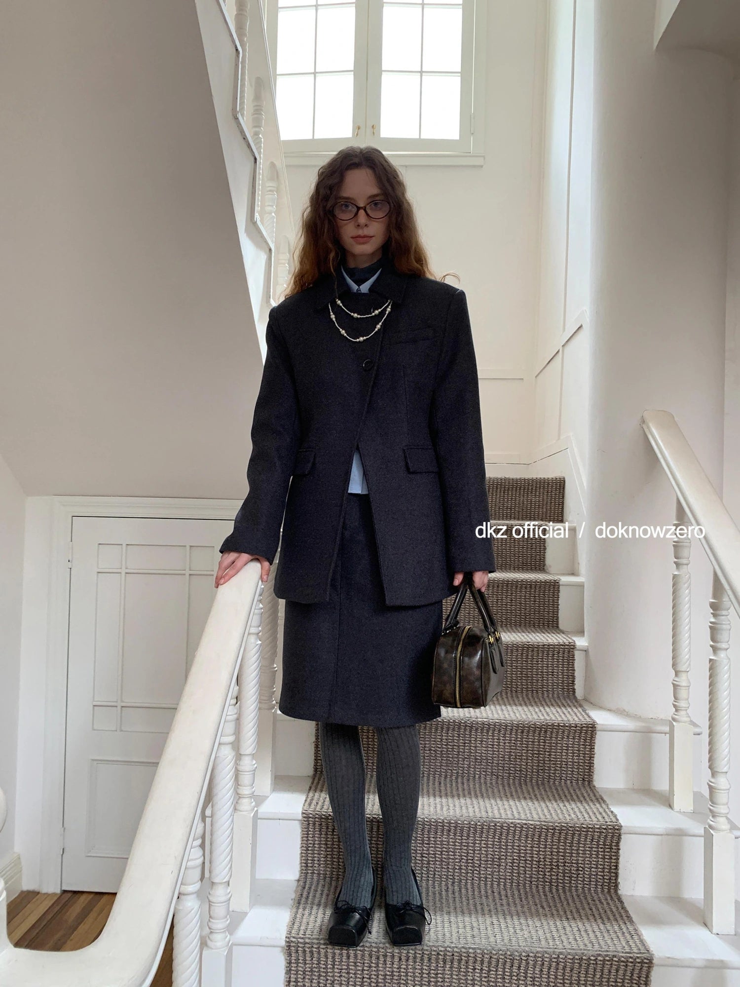 DKZ OFFICIAL Gray Retro Quilted Blazer And Midi Skirt Set