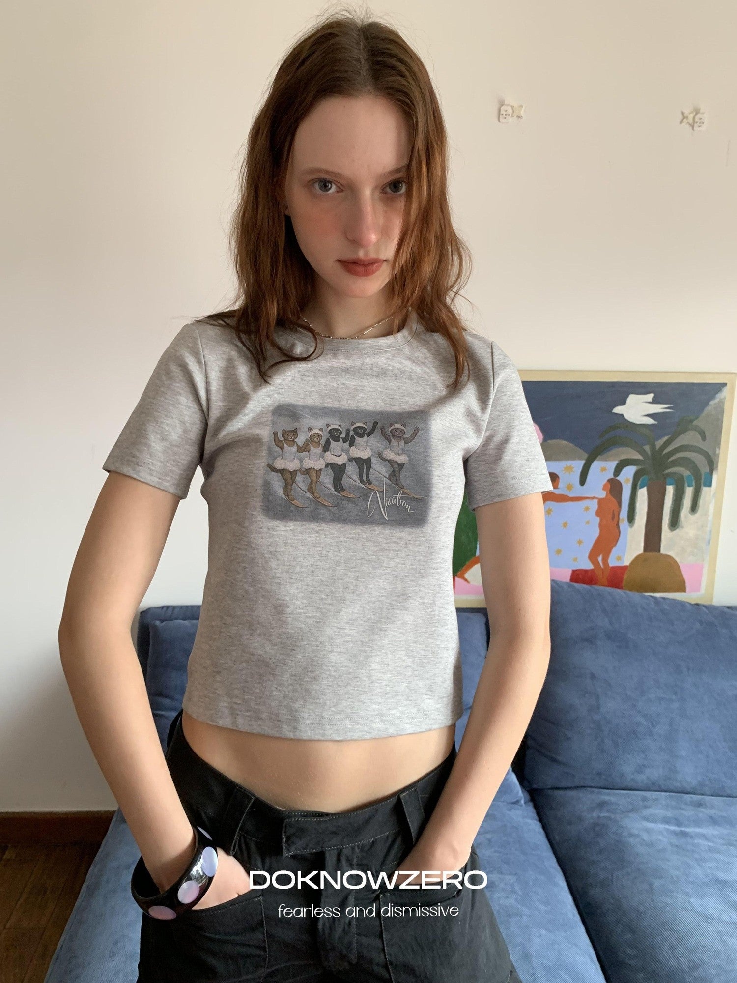 DKZ OFFICIAL Gray Vintage Cartoon Print Women&