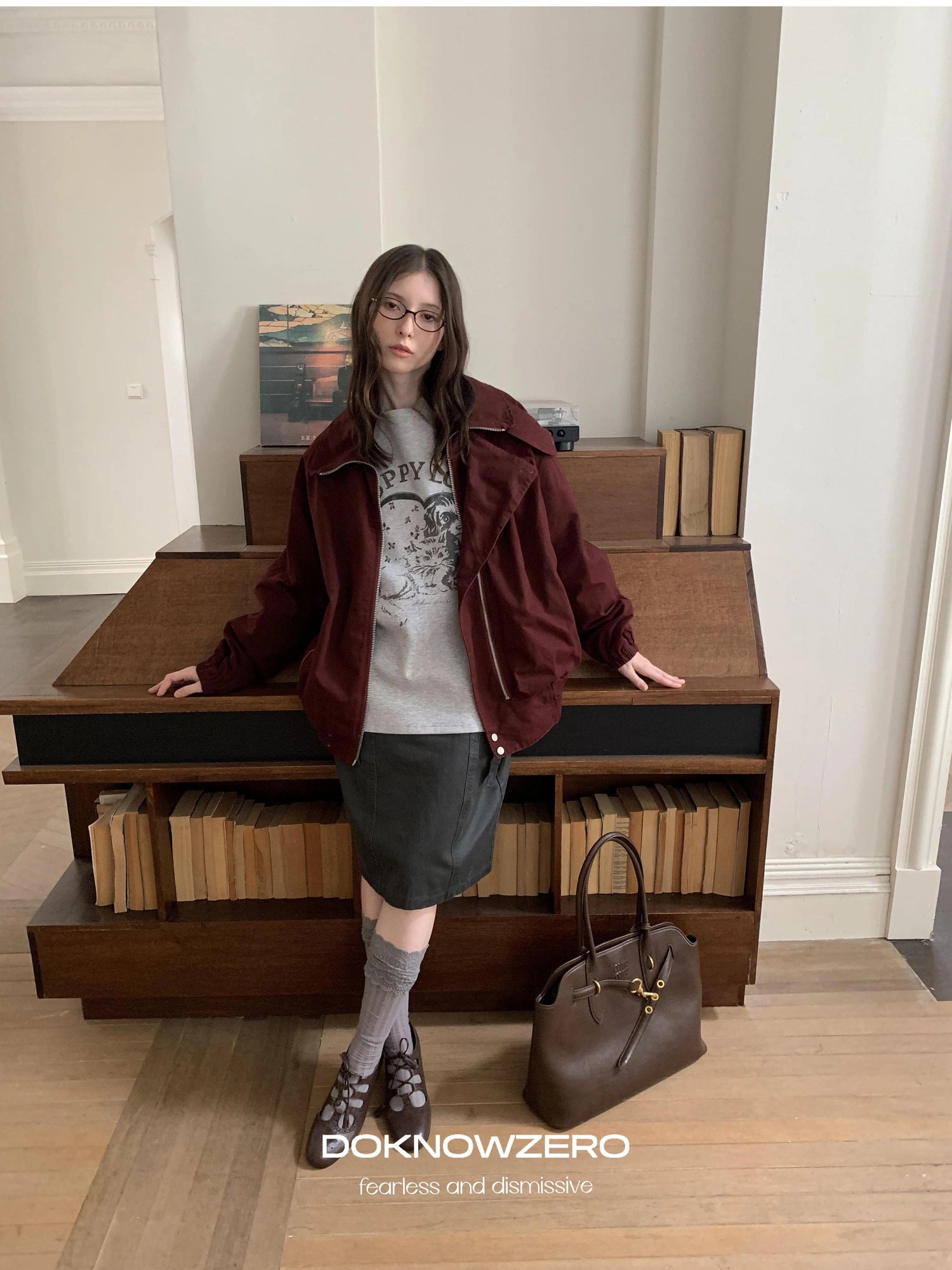 DKZ OFFICIAL Gray Washed Wax Print Straight Skirt