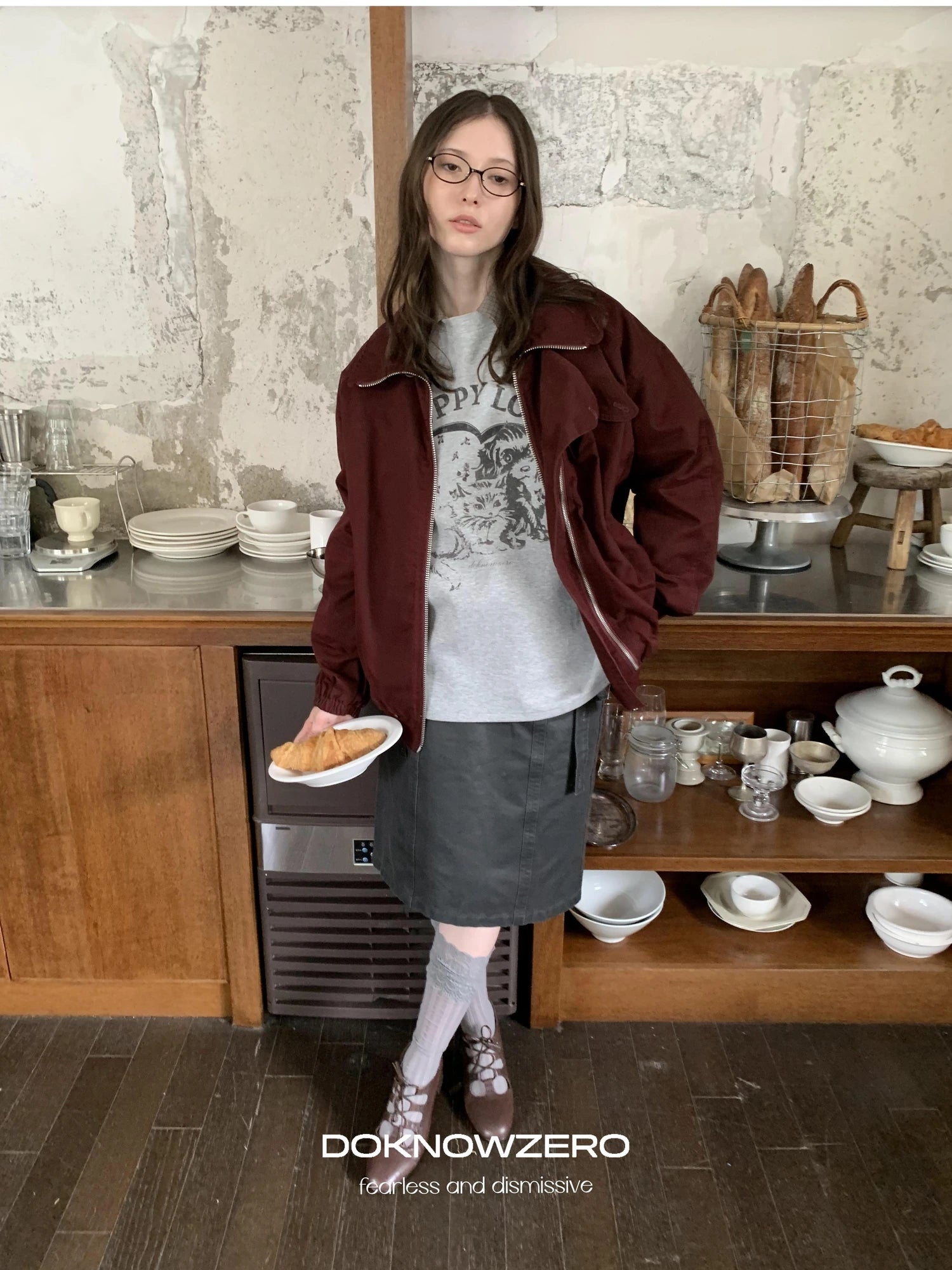 DKZ OFFICIAL Gray Washed Wax Print Straight Skirt