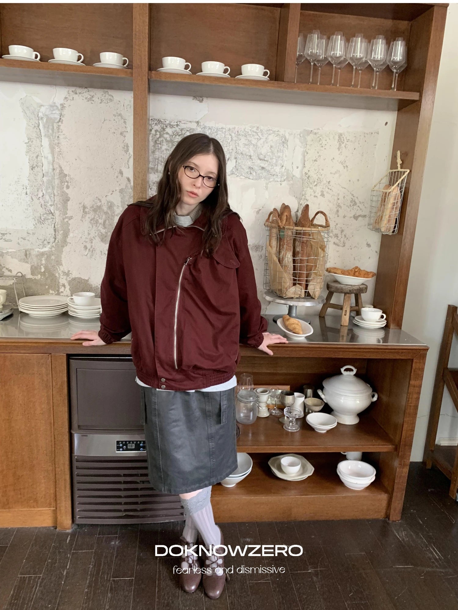 DKZ OFFICIAL Gray Washed Wax Print Straight Skirt