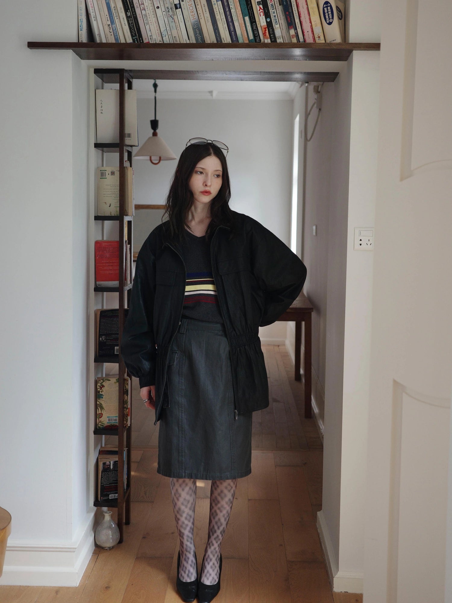 DKZ OFFICIAL Gray Washed Wax Print Straight Skirt