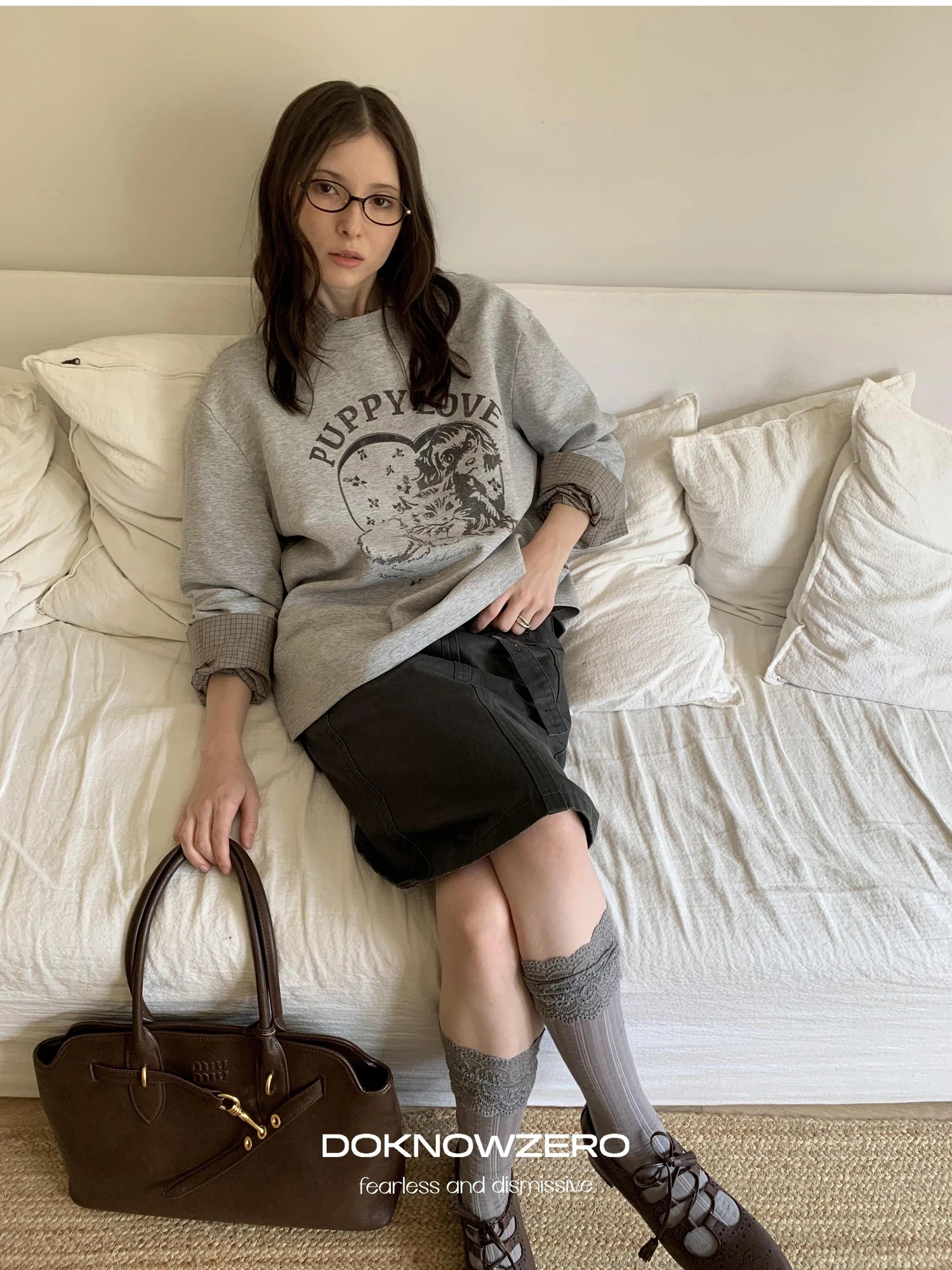 DKZ OFFICIAL Gray Washed Wax Print Straight Skirt