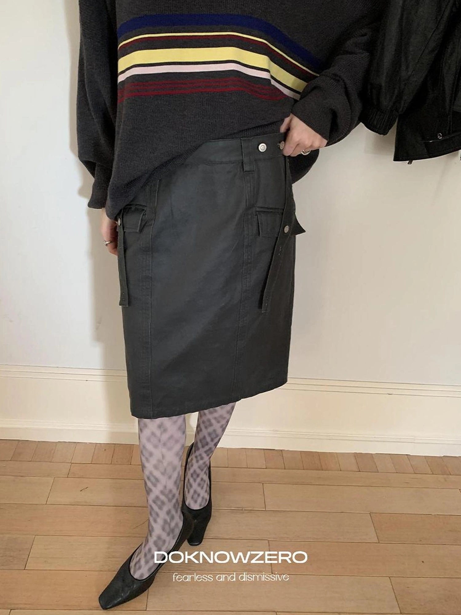 Gray Wax Dye Straight Denim Skirt