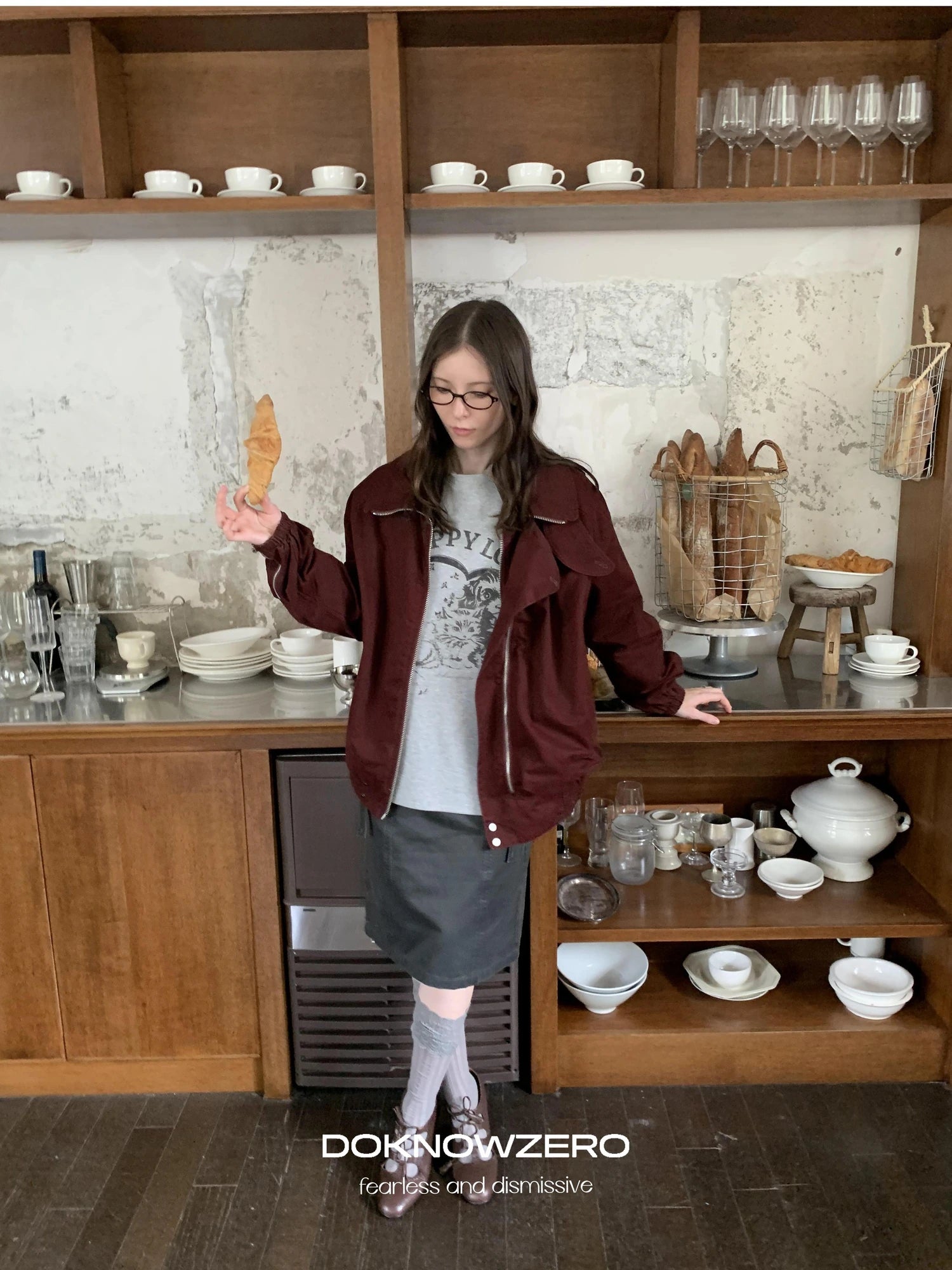 Gray Wax Dye Straight Denim Skirt